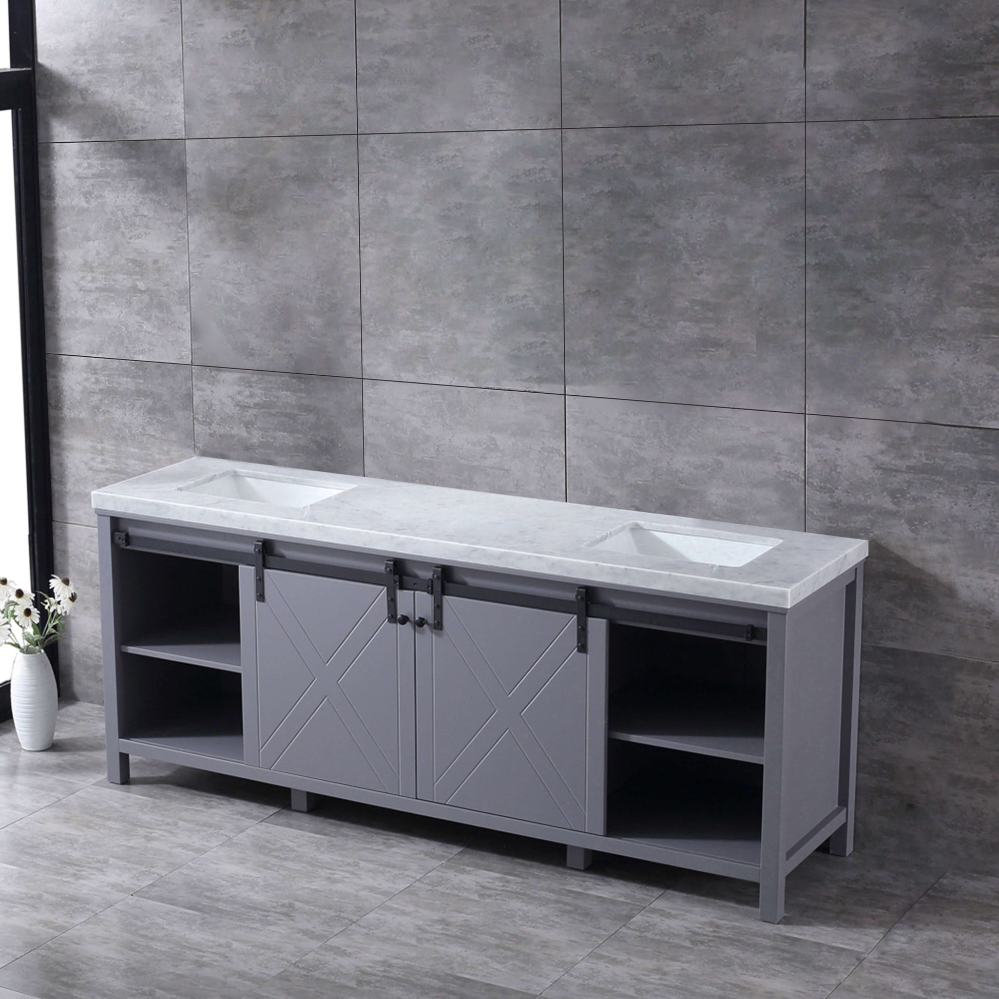 Marsyas 84" Dark Grey Double Vanity, White Carrara Marble Top, White Square Sinks and no Mirror - LM342284DBBS000