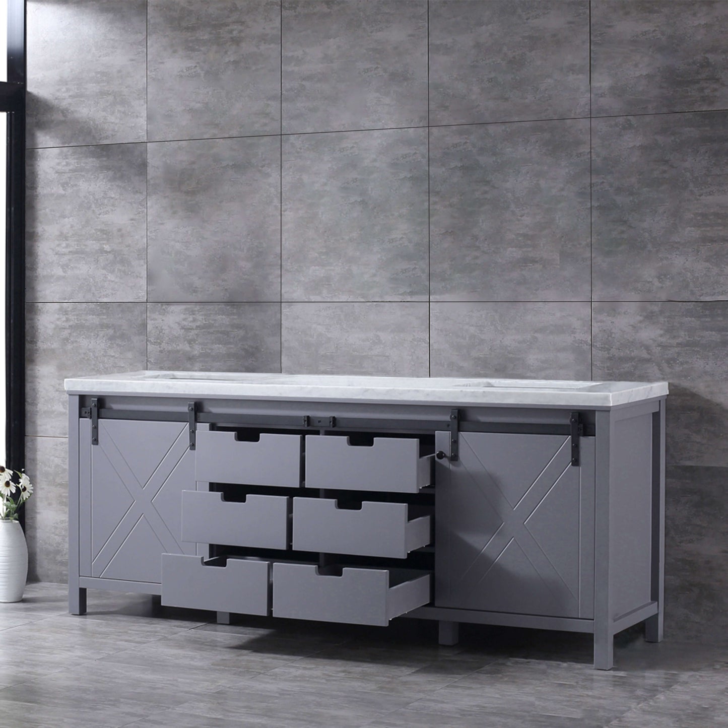 Marsyas 84" Dark Grey Double Vanity, White Carrara Marble Top, White Square Sinks and no Mirror - LM342284DBBS000