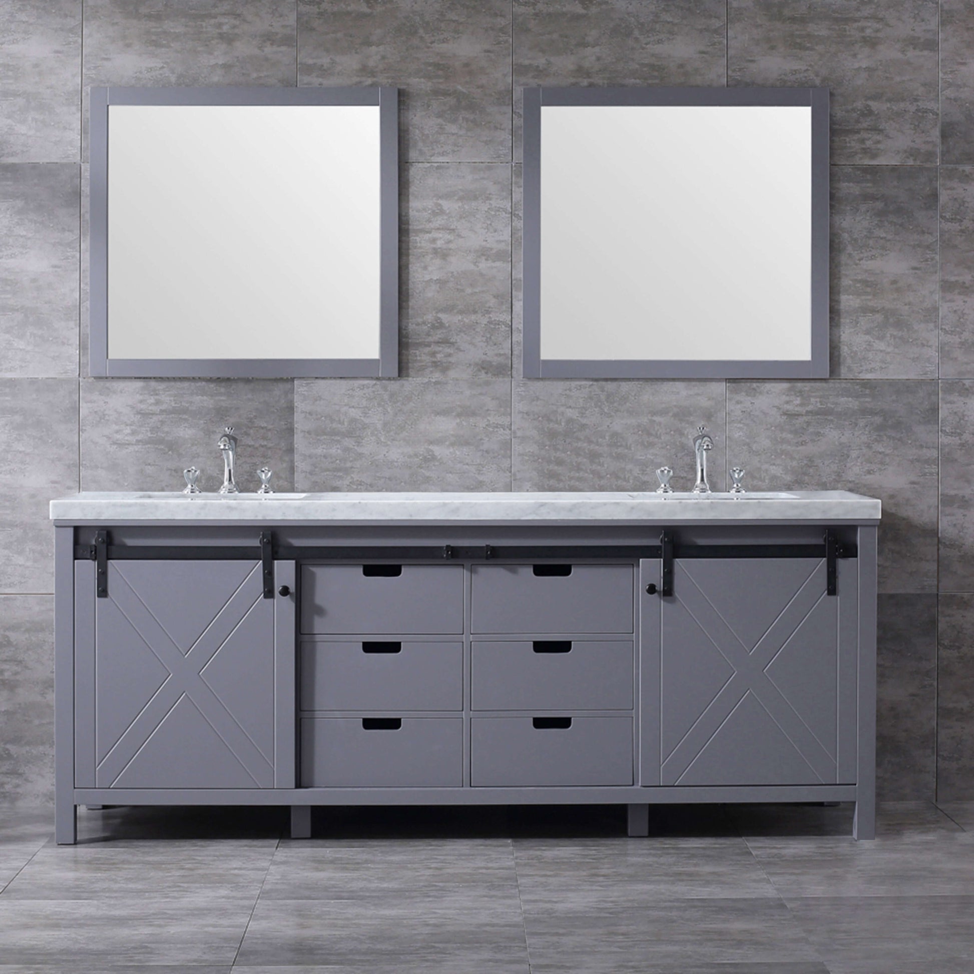 Marsyas 84" Dark Grey Double Vanity, White Carrara Marble Top, White Square Sinks and 34" Mirrors - LM342284DBBSM34