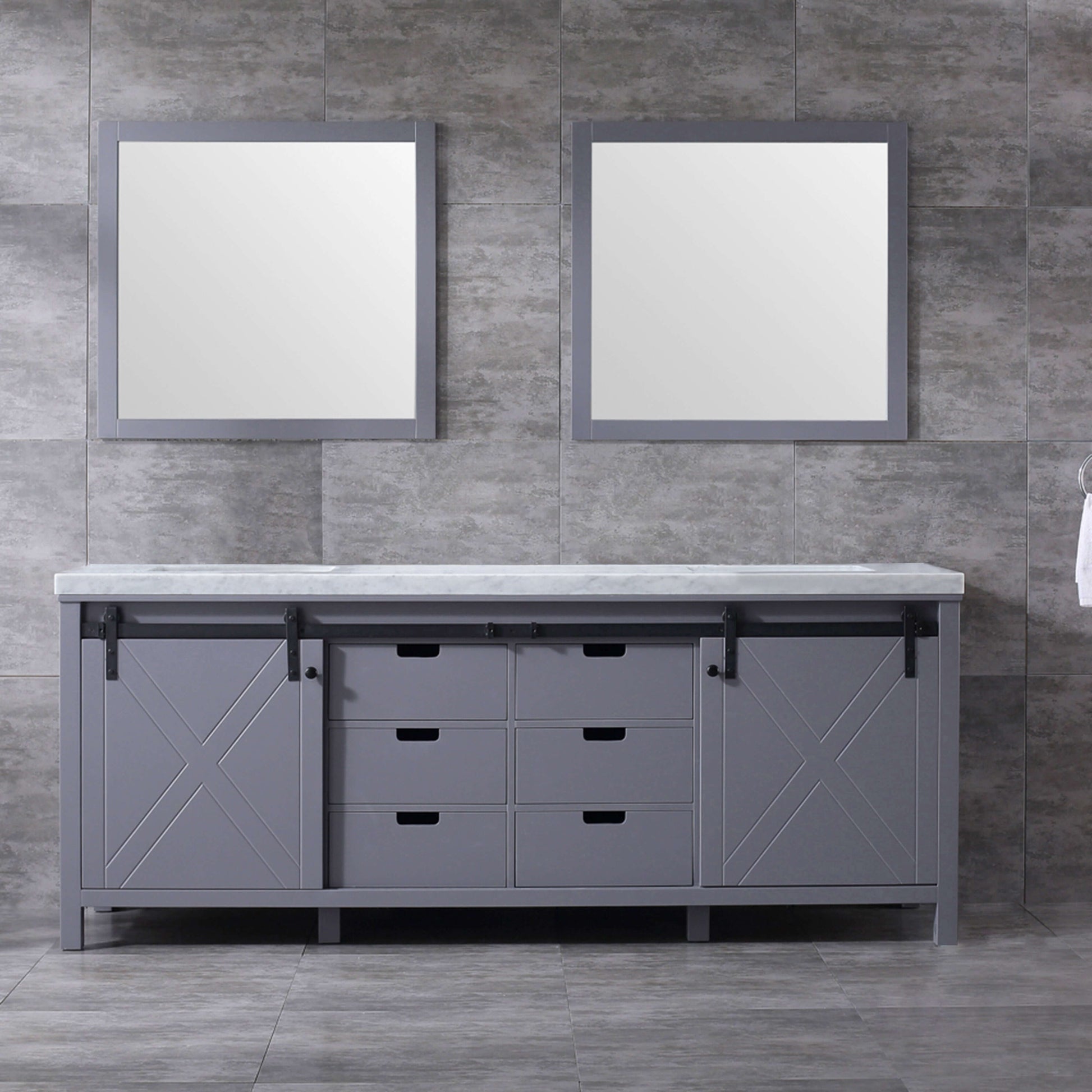 Marsyas 84" Dark Grey Double Vanity, White Carrara Marble Top, White Square Sinks and 34" Mirrors - LM342284DBBSM34