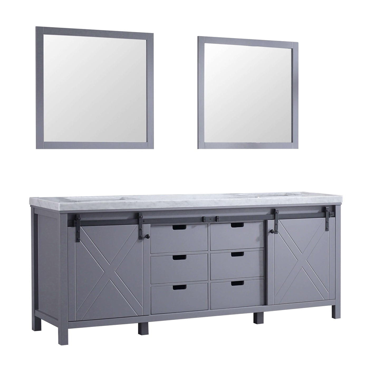 Marsyas 84" Dark Grey Double Vanity, White Carrara Marble Top, White Square Sinks and 34" Mirrors - LM342284DBBSM34