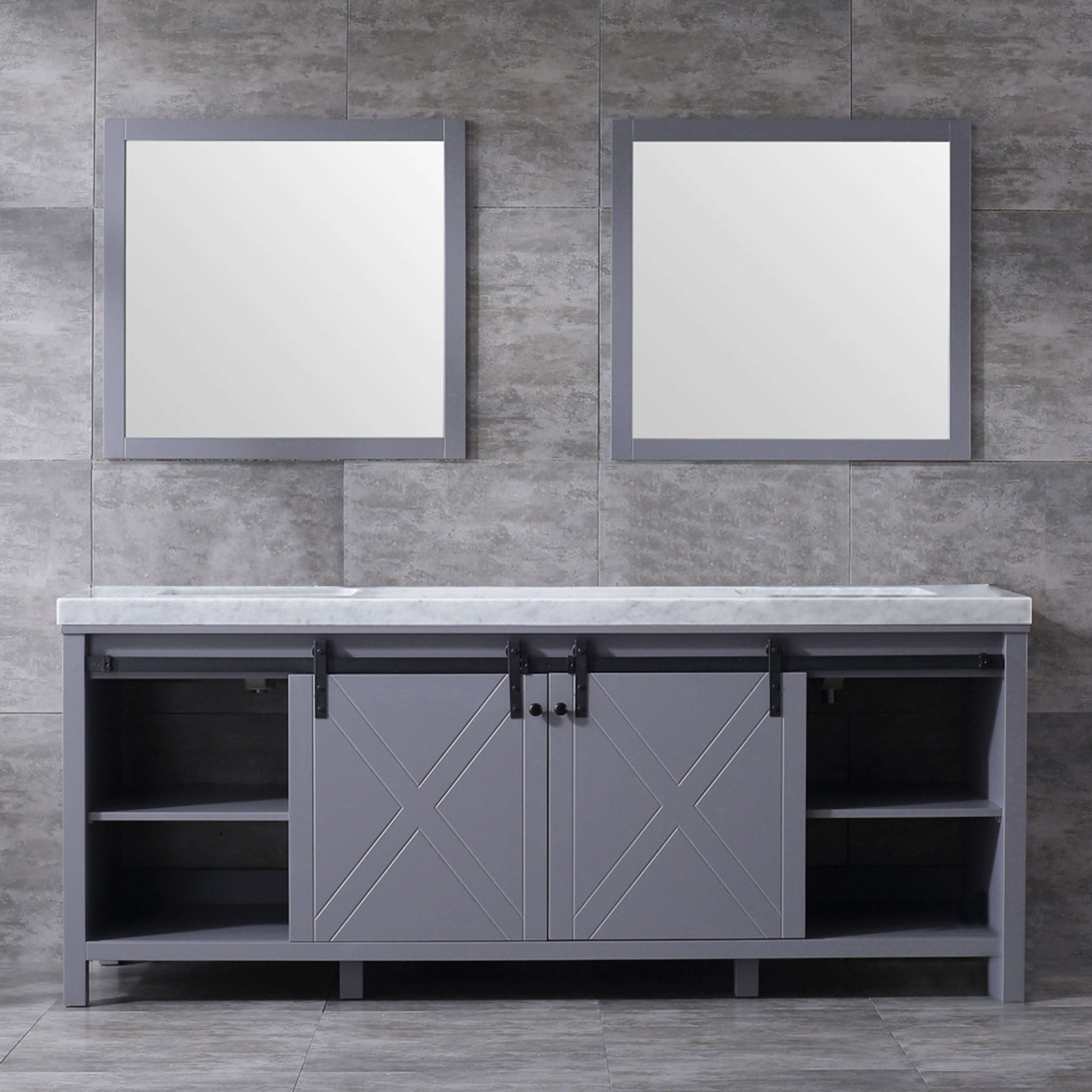 Marsyas 84" Dark Grey Double Vanity, White Carrara Marble Top, White Square Sinks and 34" Mirrors - LM342284DBBSM34