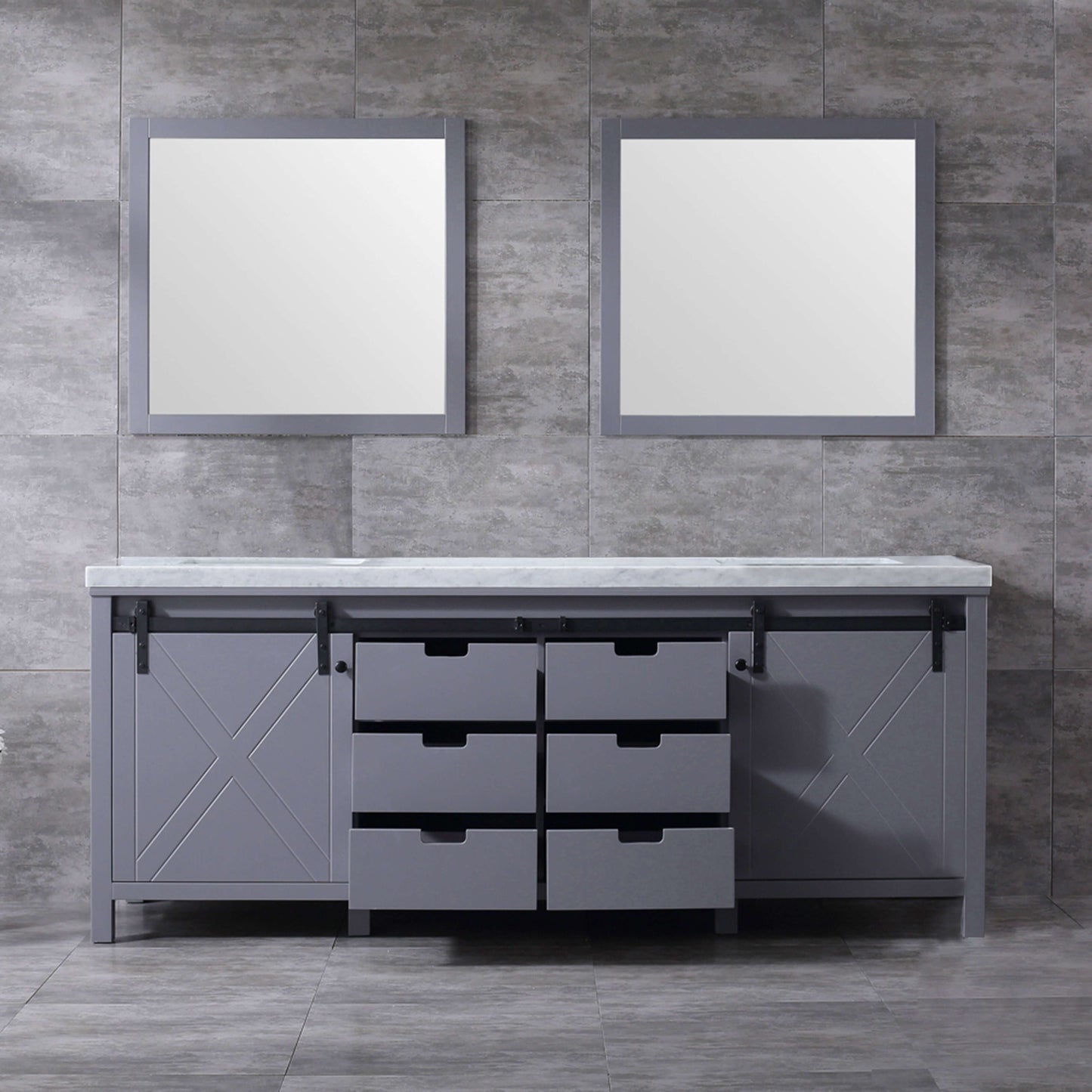 Marsyas 84" Dark Grey Double Vanity, White Carrara Marble Top, White Square Sinks and 34" Mirrors - LM342284DBBSM34