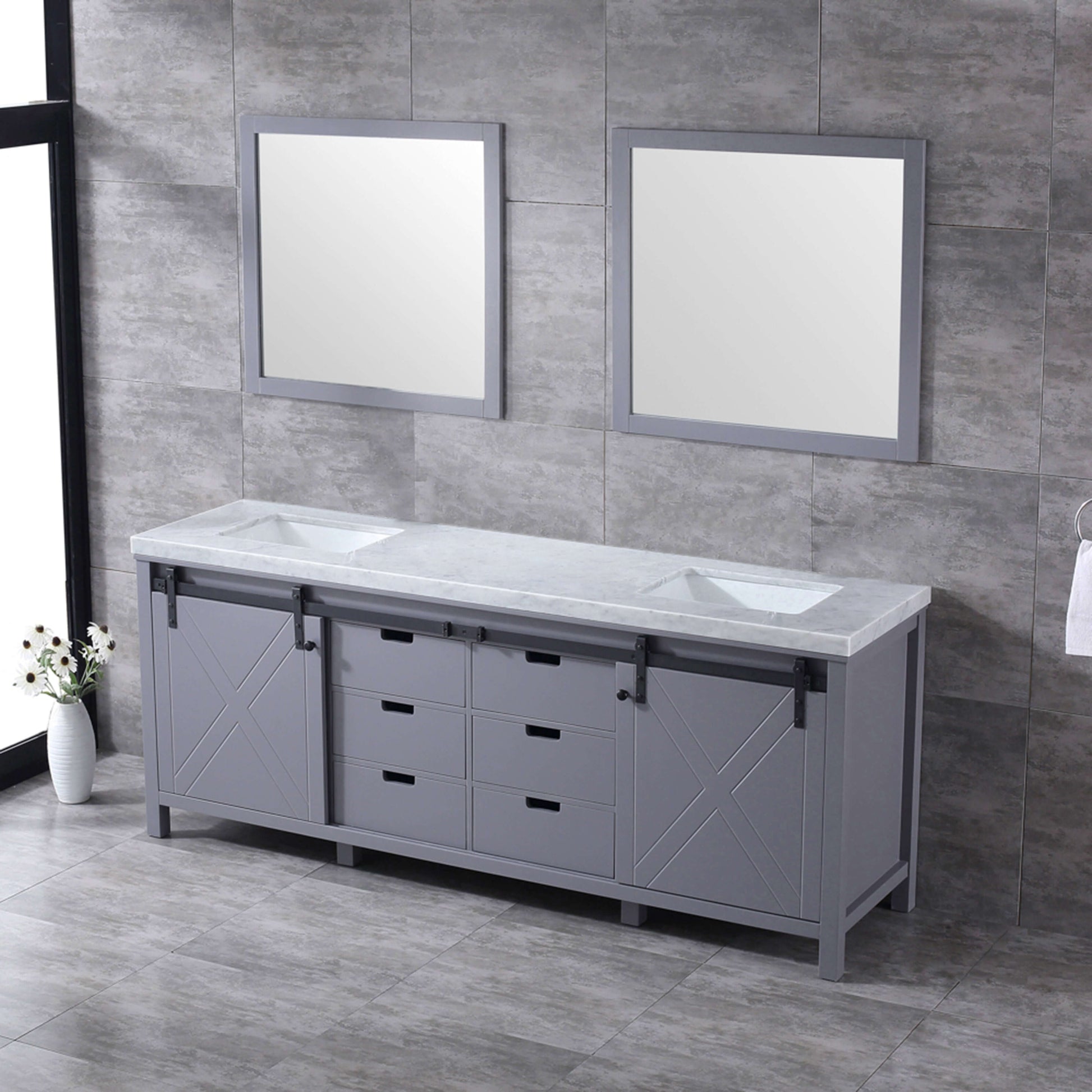 Marsyas 84" Dark Grey Double Vanity, White Carrara Marble Top, White Square Sinks and 34" Mirrors - LM342284DBBSM34