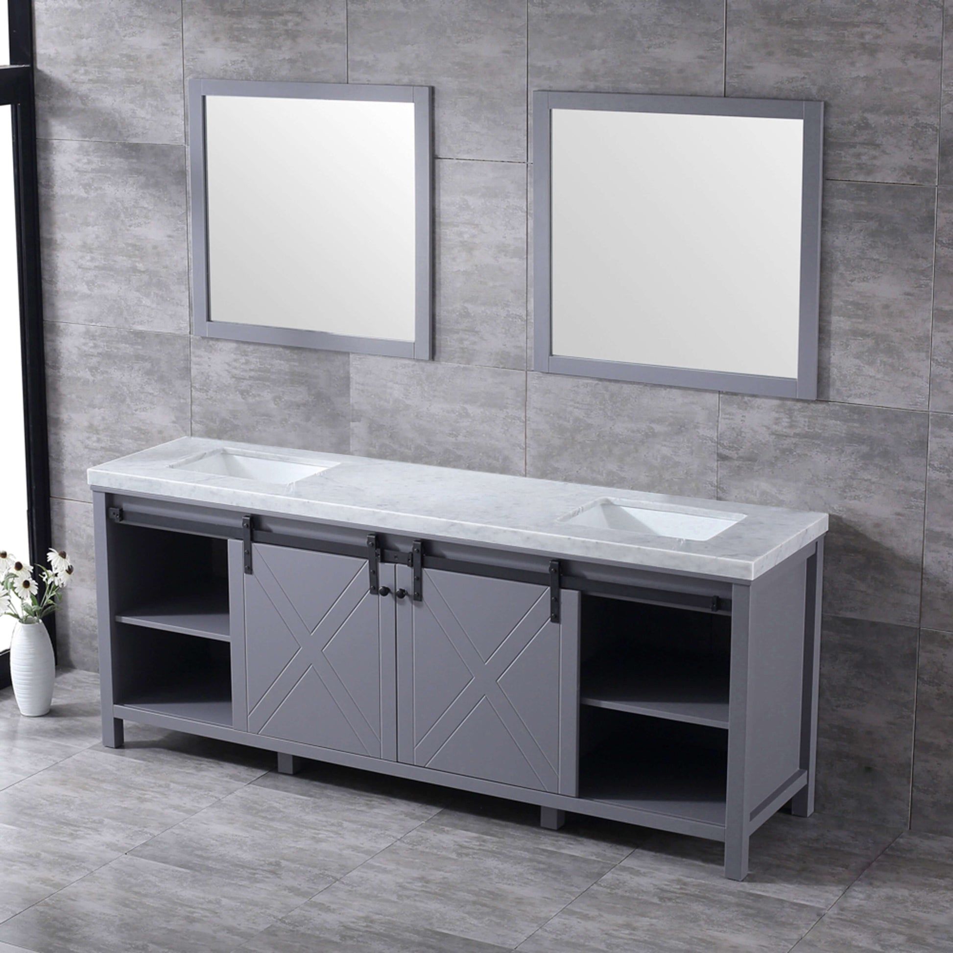 Marsyas 84" Dark Grey Double Vanity, White Carrara Marble Top, White Square Sinks and 34" Mirrors - LM342284DBBSM34