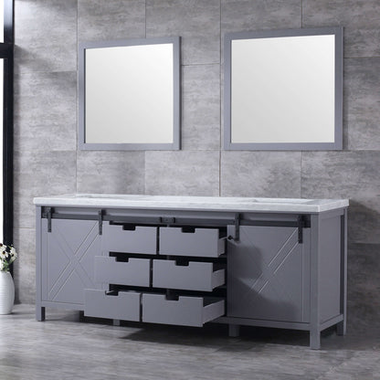 Marsyas 84" Dark Grey Double Vanity, White Carrara Marble Top, White Square Sinks and 34" Mirrors - LM342284DBBSM34