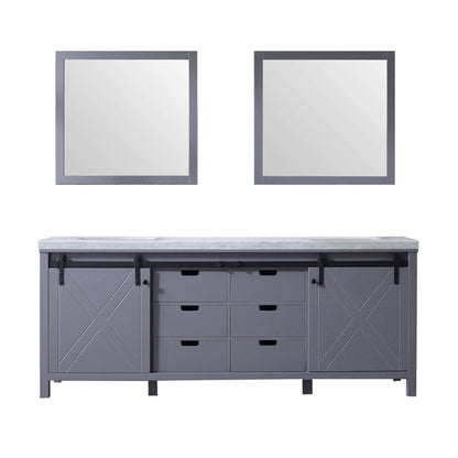 Marsyas 84" Dark Grey Double Vanity, White Carrara Marble Top, White Square Sinks and 34" Mirrors - LM342284DBBSM34