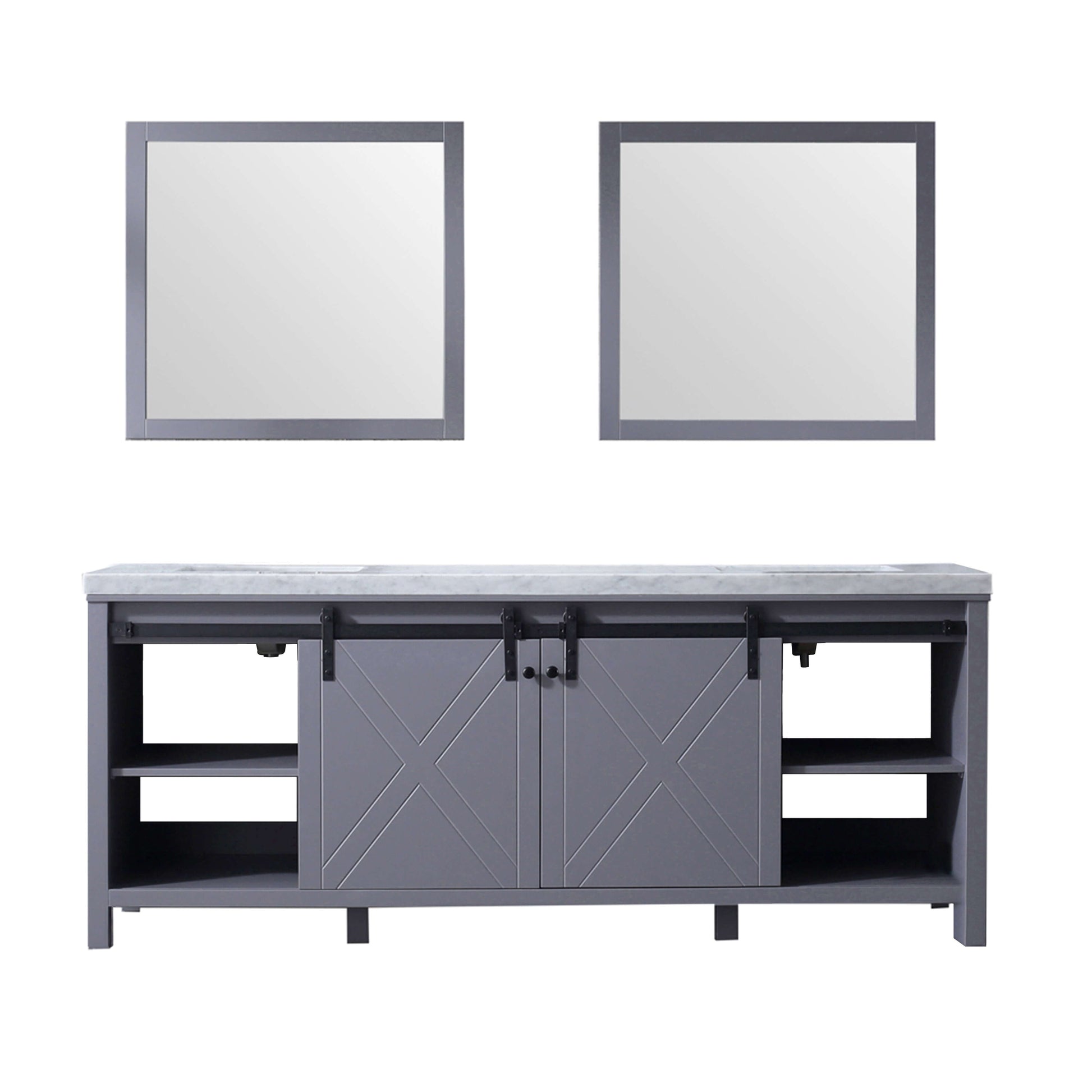 Marsyas 84" Dark Grey Double Vanity, White Carrara Marble Top, White Square Sinks and 34" Mirrors - LM342284DBBSM34