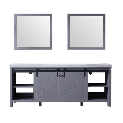 Marsyas 84" Dark Grey Double Vanity, White Carrara Marble Top, White Square Sinks and 34" Mirrors - LM342284DBBSM34