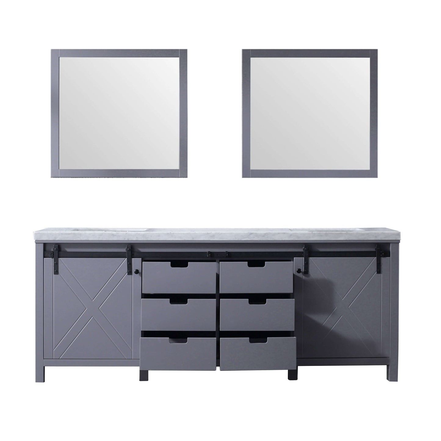 Marsyas 84" Dark Grey Double Vanity, White Carrara Marble Top, White Square Sinks and 34" Mirrors - LM342284DBBSM34