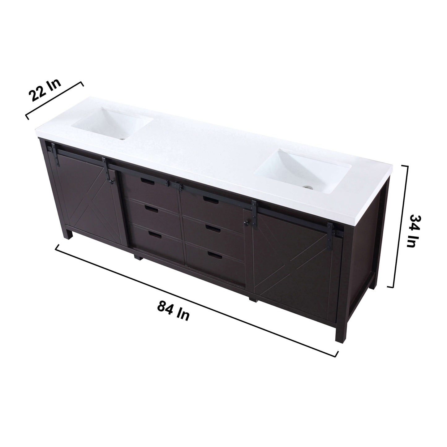 Marsyas 84" Brown Double Vanity, White Quartz Top, White Square Sinks and no Mirror - LM342284DCCS000