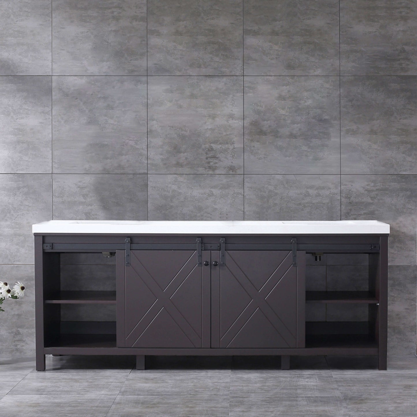 Marsyas 84" Brown Double Vanity, White Quartz Top, White Square Sinks and no Mirror - LM342284DCCS000