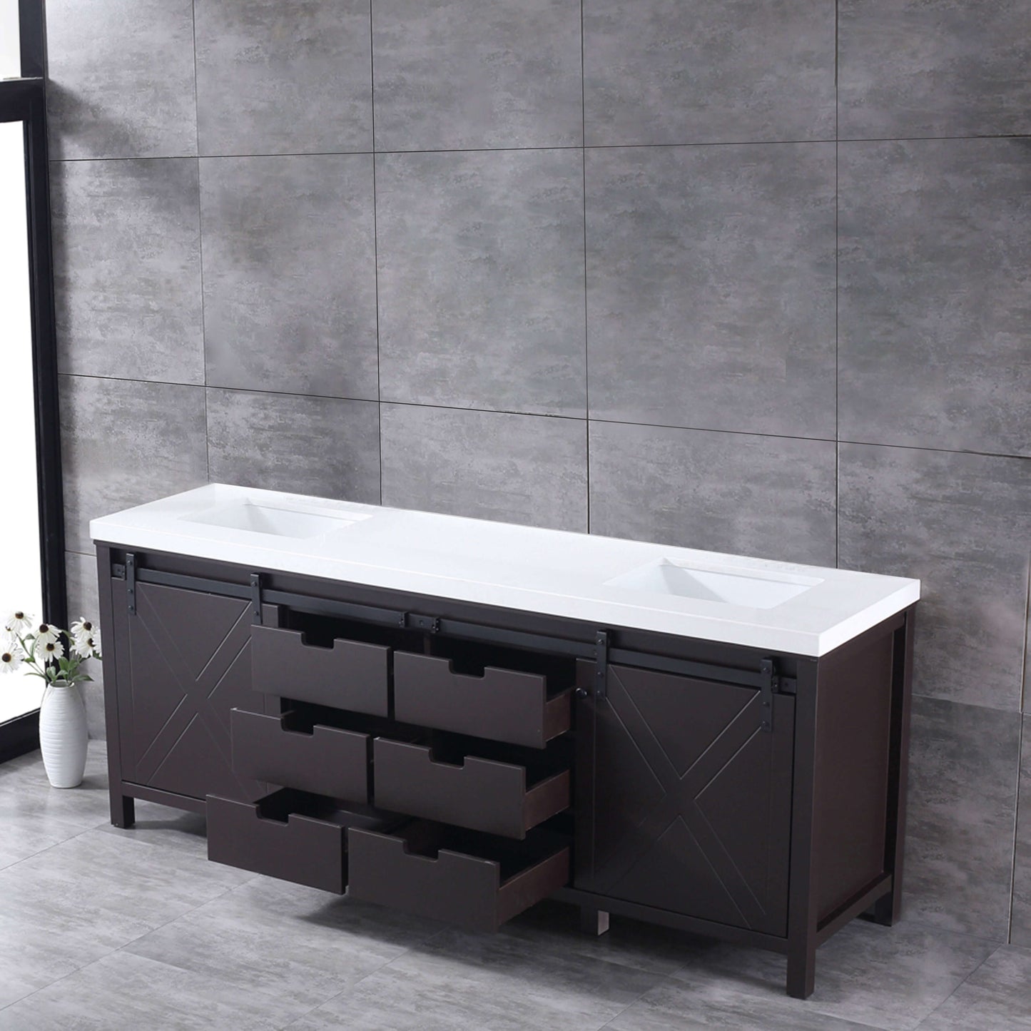 Marsyas 84" Brown Double Vanity, White Quartz Top, White Square Sinks and no Mirror - LM342284DCCS000