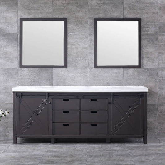 Marsyas 84" Brown Double Vanity, White Quartz Top, White Square Sinks and 34" Mirrors - LM342284DCCSM34