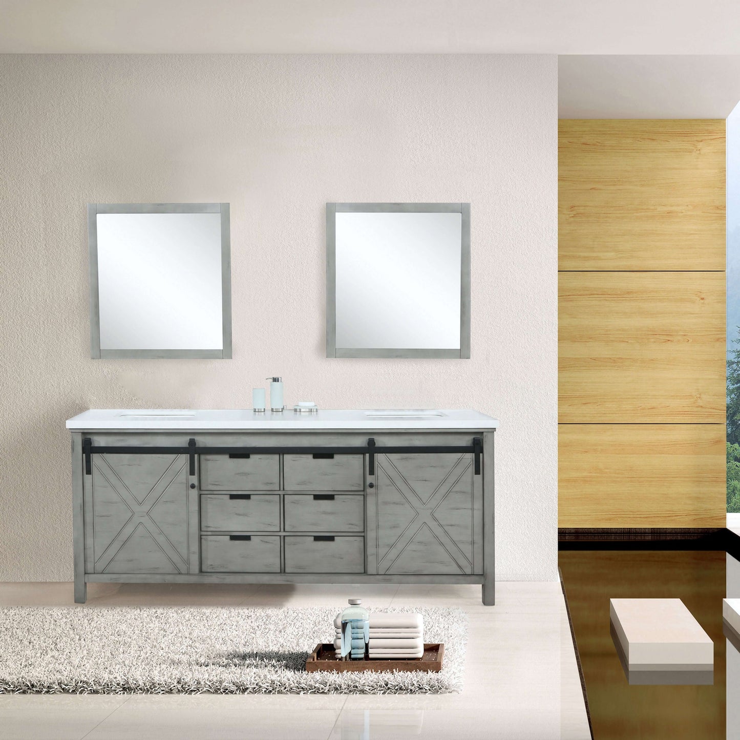 Marsyas 84" Ash Grey Double Vanity, White Quartz Top, White Square Sinks and 34" Mirrors - LM342284DHCSM34