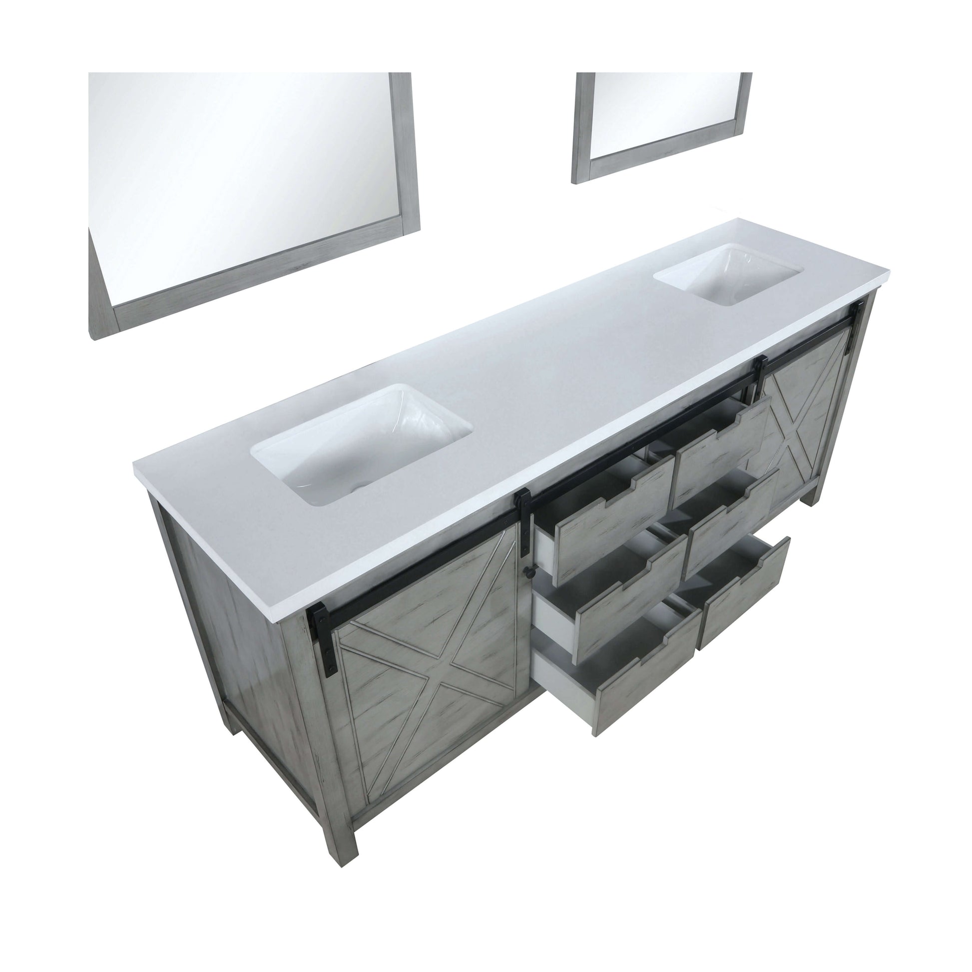 Marsyas 84" Ash Grey Double Vanity, White Quartz Top, White Square Sinks and 34" Mirrors - LM342284DHCSM34