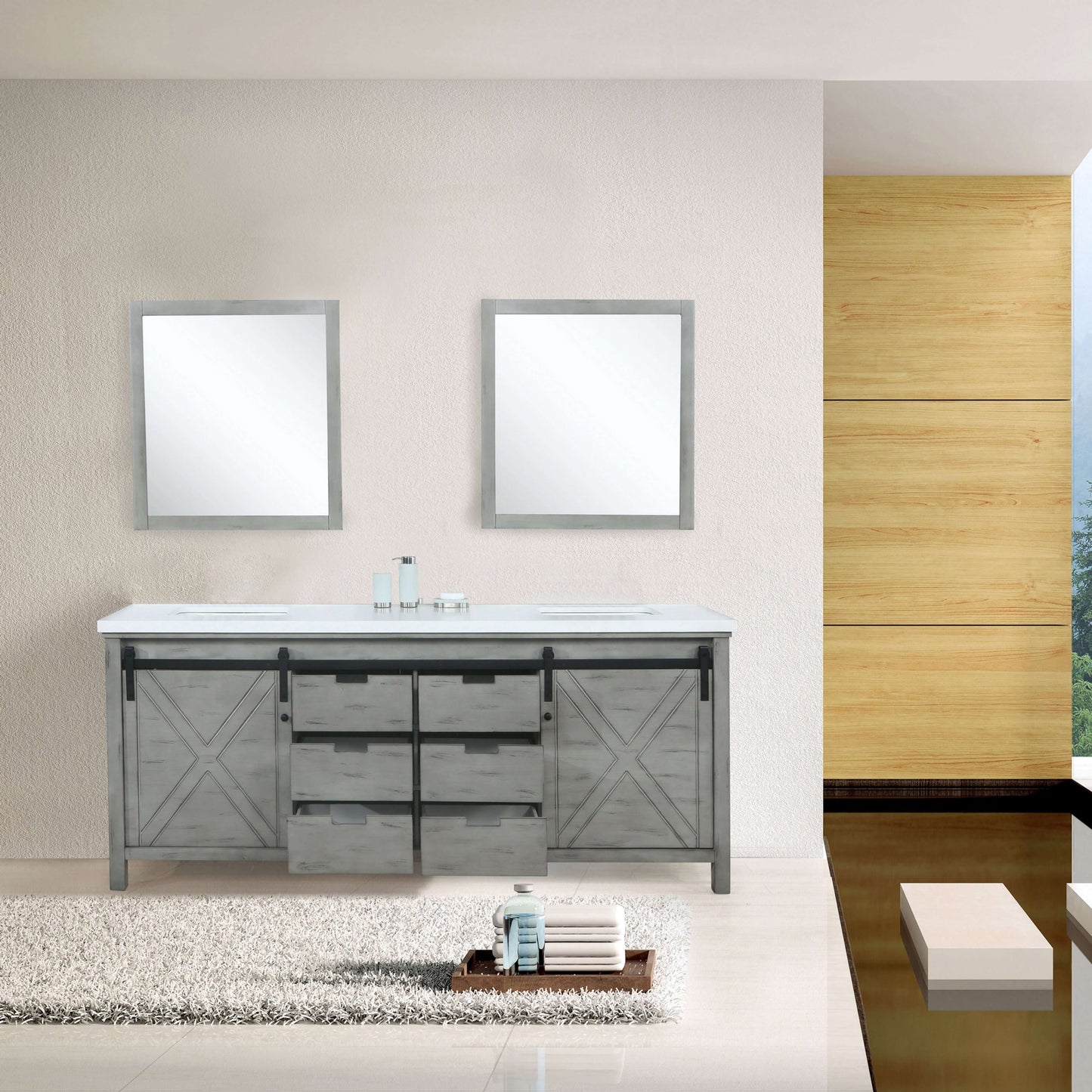 Marsyas 84" Ash Grey Double Vanity, White Quartz Top, White Square Sinks and 34" Mirrors - LM342284DHCSM34