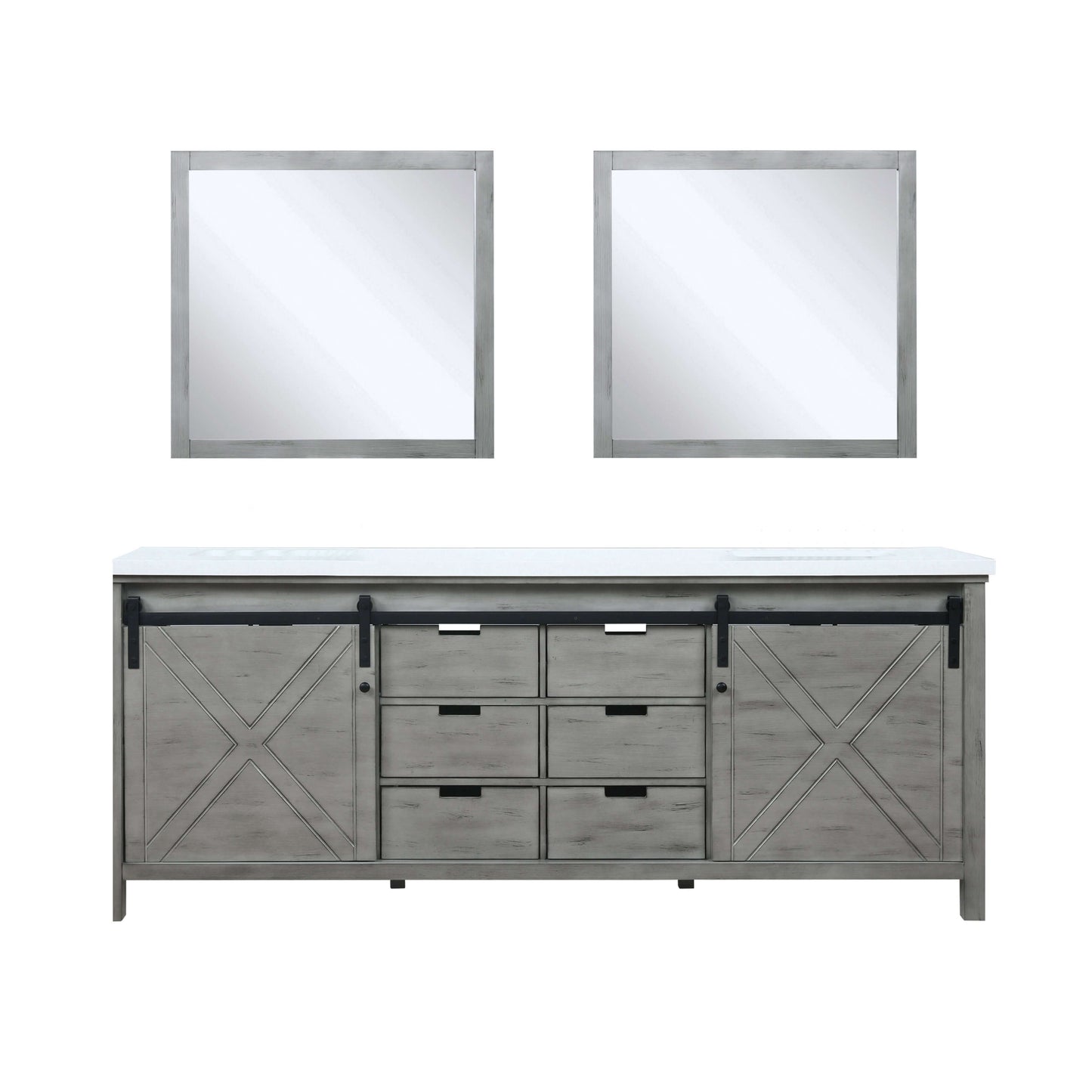 Marsyas 84" Ash Grey Double Vanity, White Quartz Top, White Square Sinks and 34" Mirrors - LM342284DHCSM34