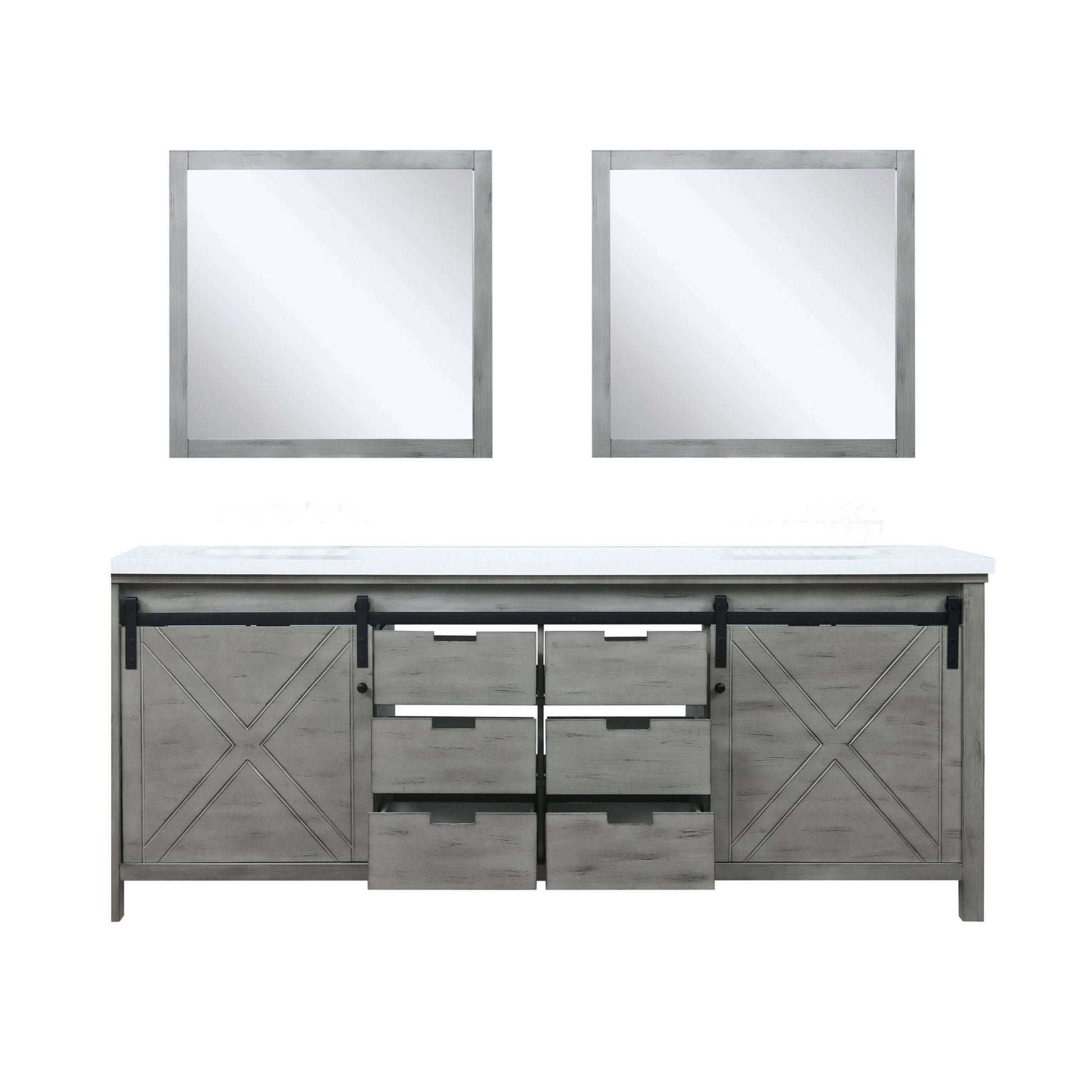 Marsyas 84" Ash Grey Double Vanity, White Quartz Top, White Square Sinks and 34" Mirrors - LM342284DHCSM34