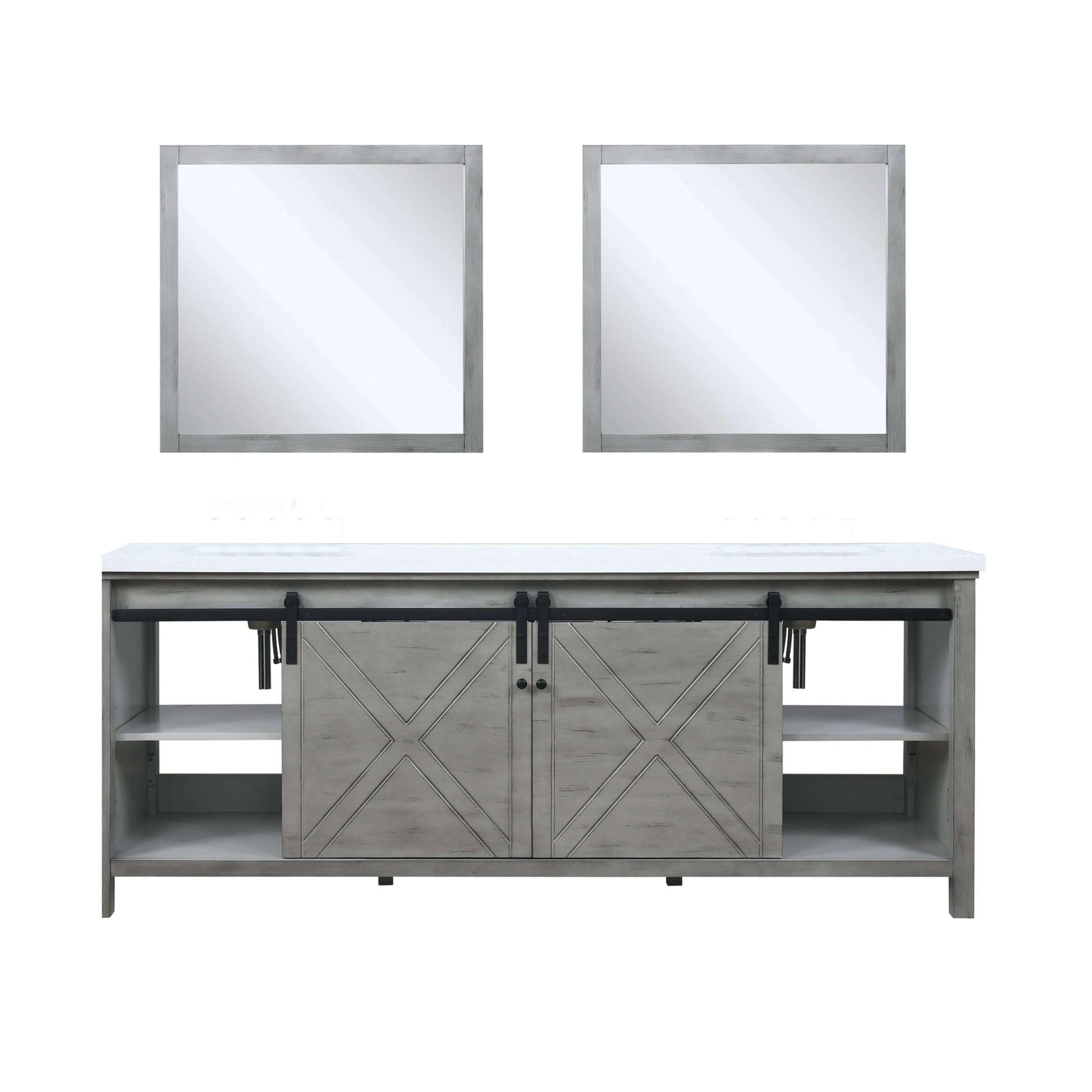 Marsyas 84" Ash Grey Double Vanity, White Quartz Top, White Square Sinks and 34" Mirrors - LM342284DHCSM34