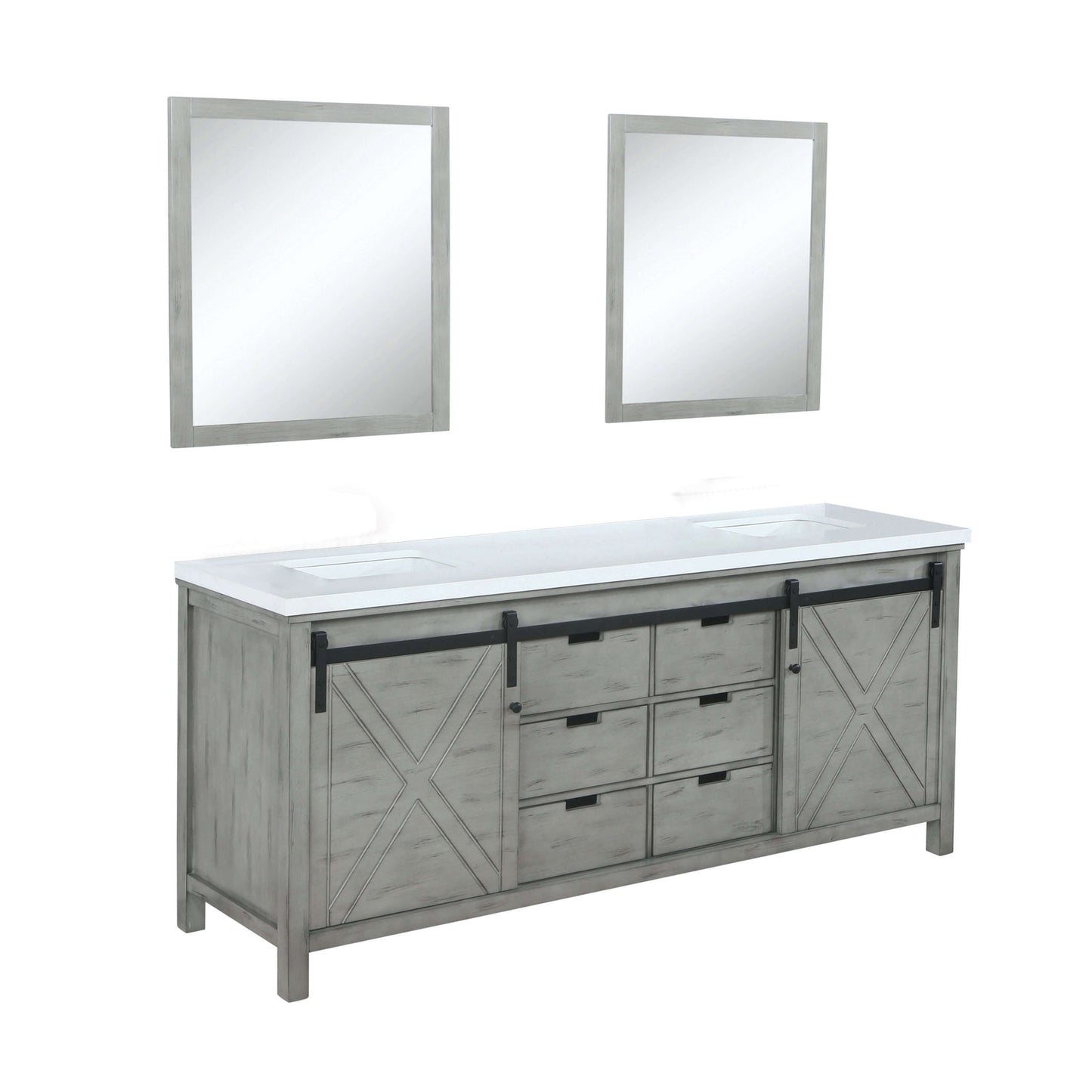 Marsyas 84" Ash Grey Double Vanity, White Quartz Top, White Square Sinks and 34" Mirrors - LM342284DHCSM34