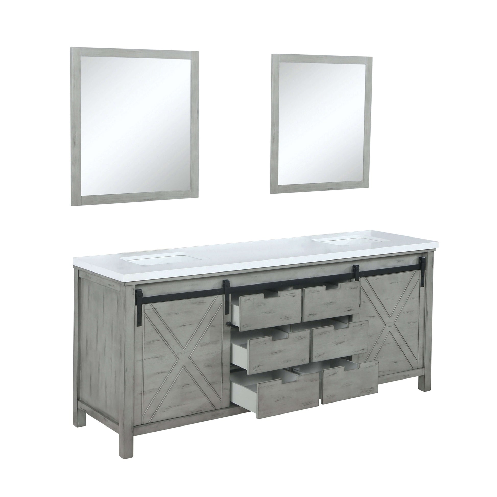 Marsyas 84" Ash Grey Double Vanity, White Quartz Top, White Square Sinks and 34" Mirrors - LM342284DHCSM34