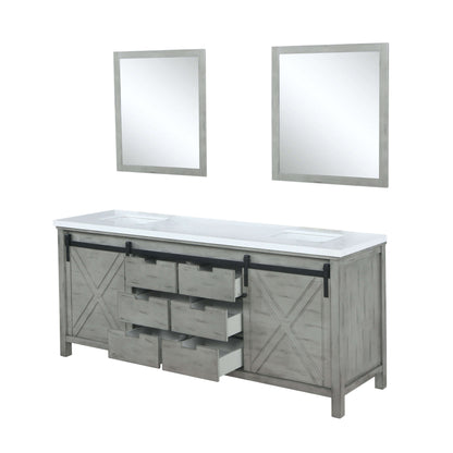 Marsyas 84" Ash Grey Double Vanity, White Quartz Top, White Square Sinks and 34" Mirrors - LM342284DHCSM34