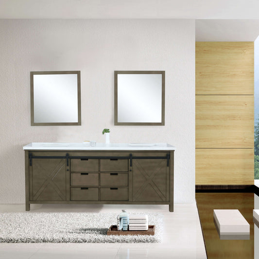 Marsyas 84" Rustic Brown Double Vanity, White Quartz Top, White Square Sinks and 34" Mirrors - LM342284DKCSM34