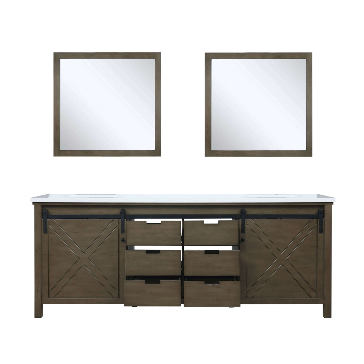 Marsyas 84" Rustic Brown Double Vanity, White Quartz Top, White Square Sinks and 34" Mirrors - LM342284DKCSM34