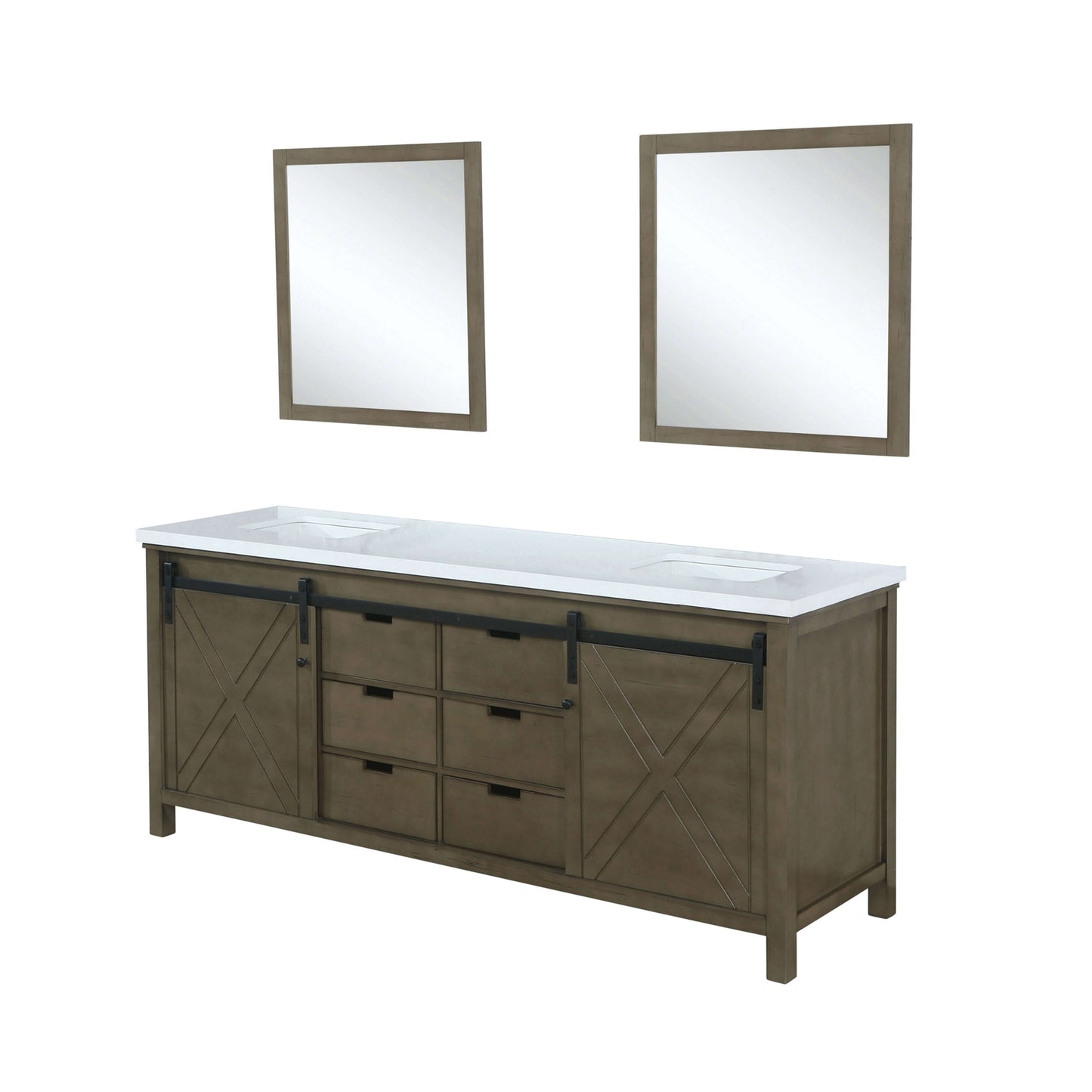 Marsyas 84" Rustic Brown Double Vanity, White Quartz Top, White Square Sinks and 34" Mirrors - LM342284DKCSM34