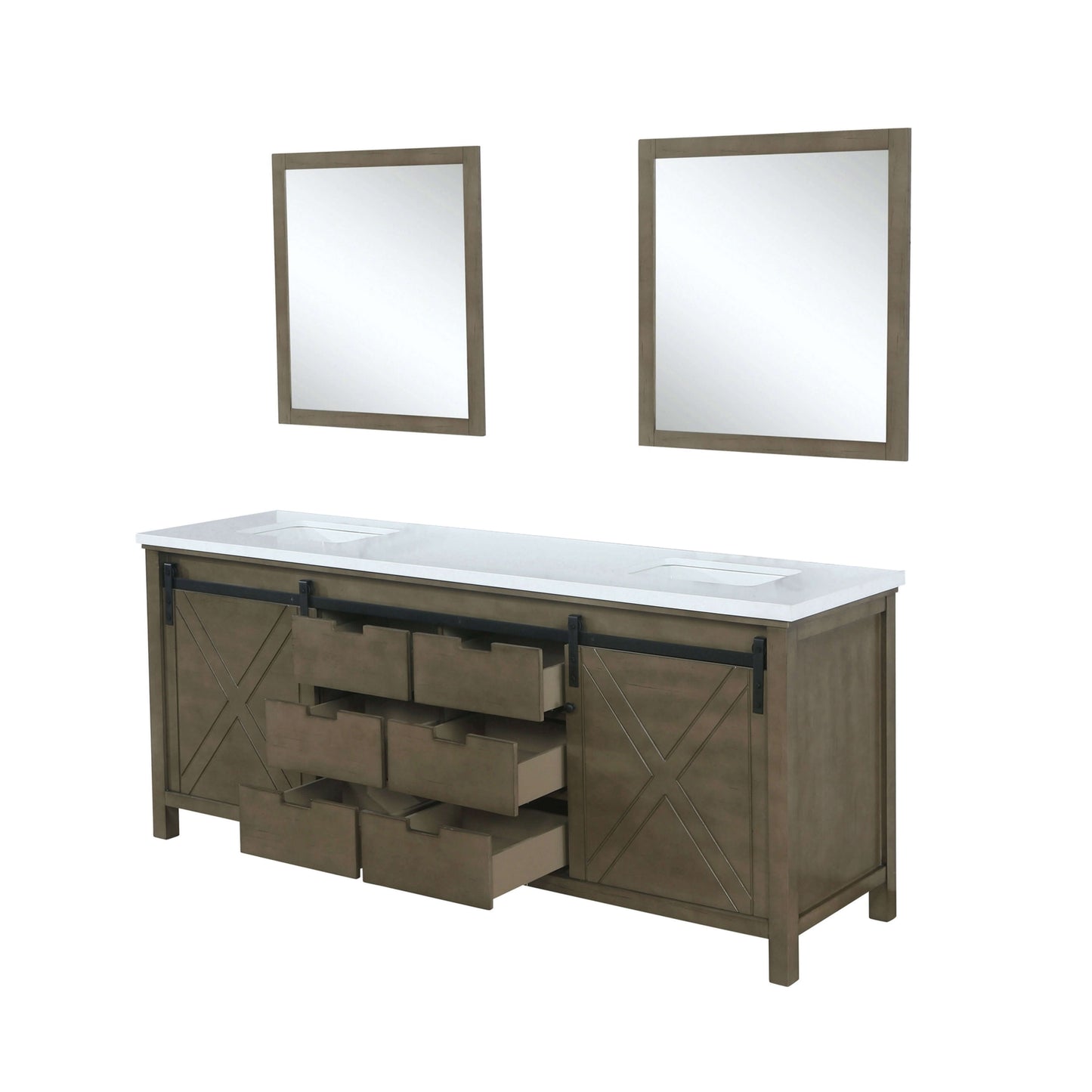 Marsyas 84" Rustic Brown Double Vanity, White Quartz Top, White Square Sinks and 34" Mirrors - LM342284DKCSM34