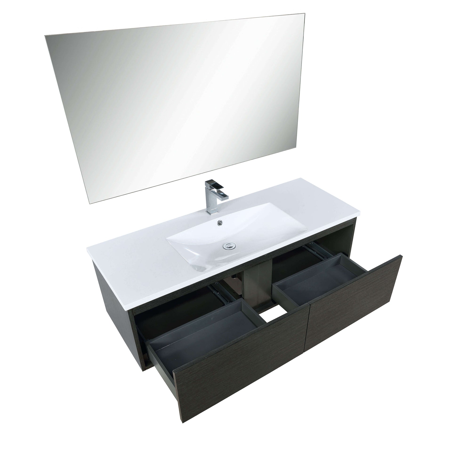 Sant 48" Iron Charcoal Bathroom Single Vanity, Acrylic Composite Top with Integrated Sink, Labaro Brushed Nickel Faucet Set, and 43" Frameless Mirror - LS48SRAISM43FBN