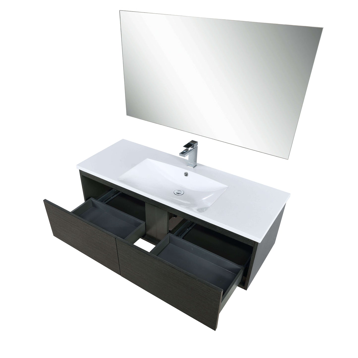 Sant 48" Iron Charcoal Bathroom Single Vanity, Acrylic Composite Top with Integrated Sink, Labaro Brushed Nickel Faucet Set, and 43" Frameless Mirror - LS48SRAISM43FBN