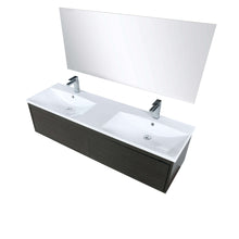 Load image into Gallery viewer, Sant 60&quot; Iron Charcoal Double Bathroom Vanity, Acrylic Composite Top with Integrated Sinks, Labaro Brushed Nickel Faucet Set, and 55&quot; Frameless Mirror - LS60DRAISM55FBN