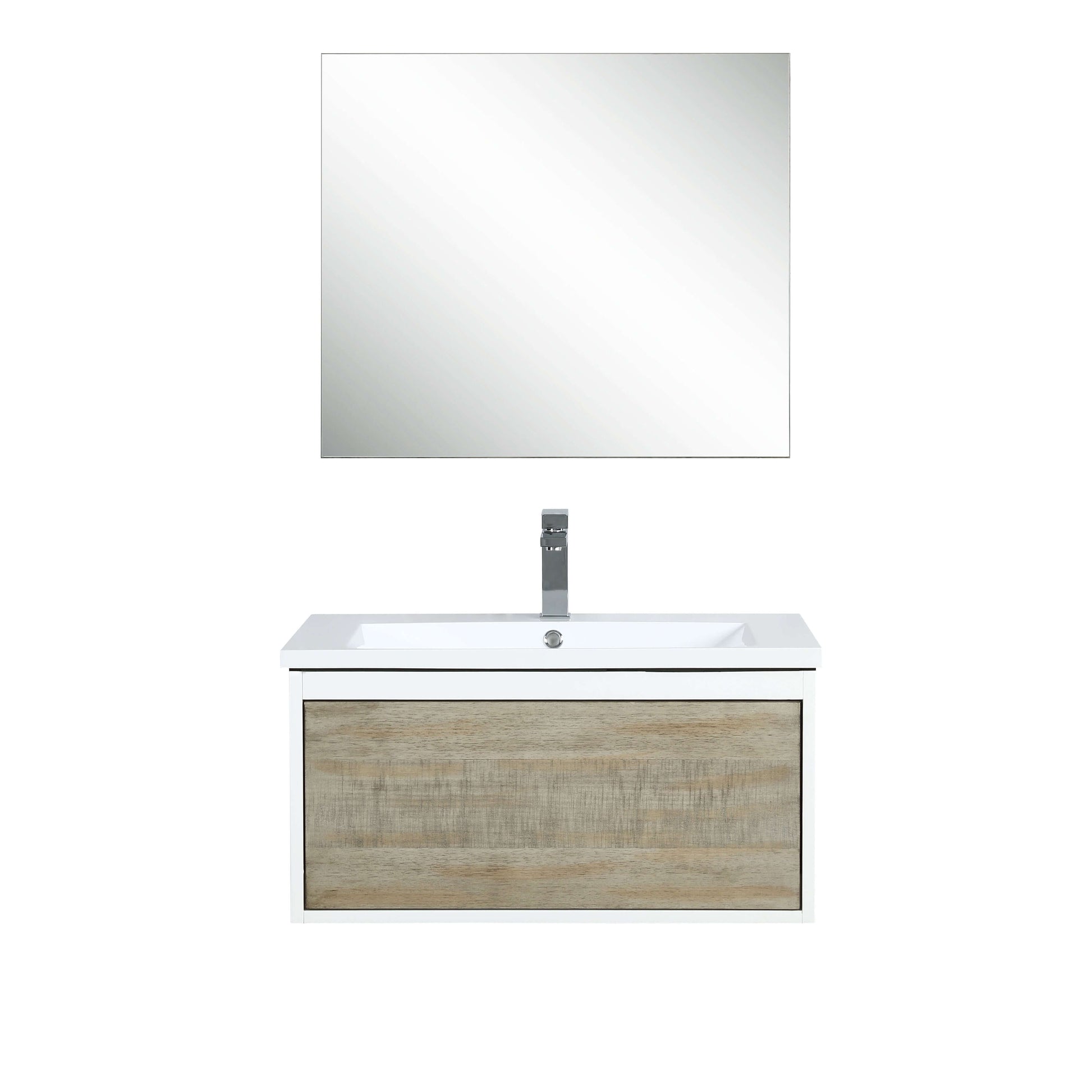 Scopi 30" Rustic Acacia Bathroom Single Vanity, Acrylic Composite Top with Integrated Sink, Labaro Brushed Nickel Faucet Set, and 28" Frameless Mirror - LSC30SRAOSM28FBN