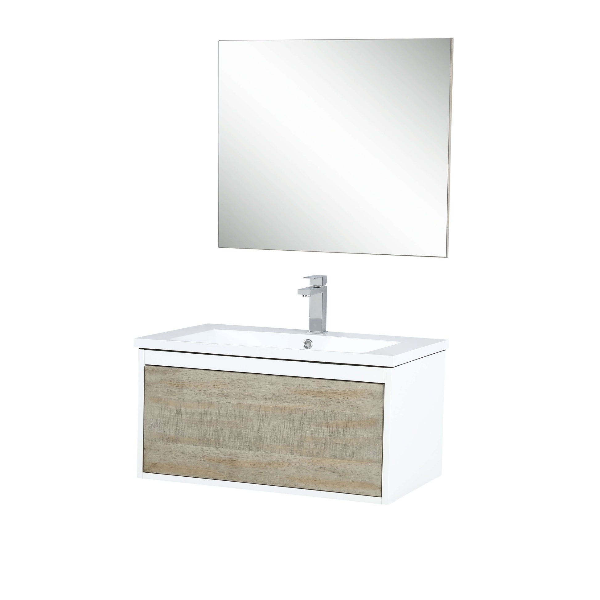 Scopi 30" Rustic Acacia Bathroom Single Vanity, Acrylic Composite Top with Integrated Sink, Labaro Brushed Nickel Faucet Set, and 28" Frameless Mirror - LSC30SRAOSM28FBN