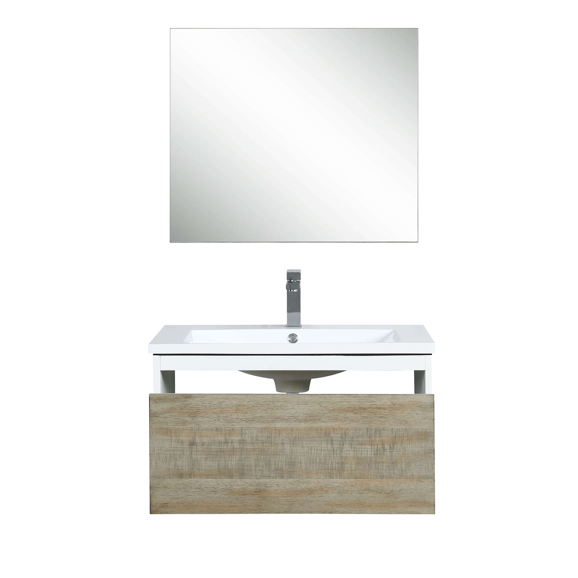 Scopi 30" Rustic Acacia Bathroom Single Vanity, Acrylic Composite Top with Integrated Sink, Labaro Brushed Nickel Faucet Set, and 28" Frameless Mirror - LSC30SRAOSM28FBN