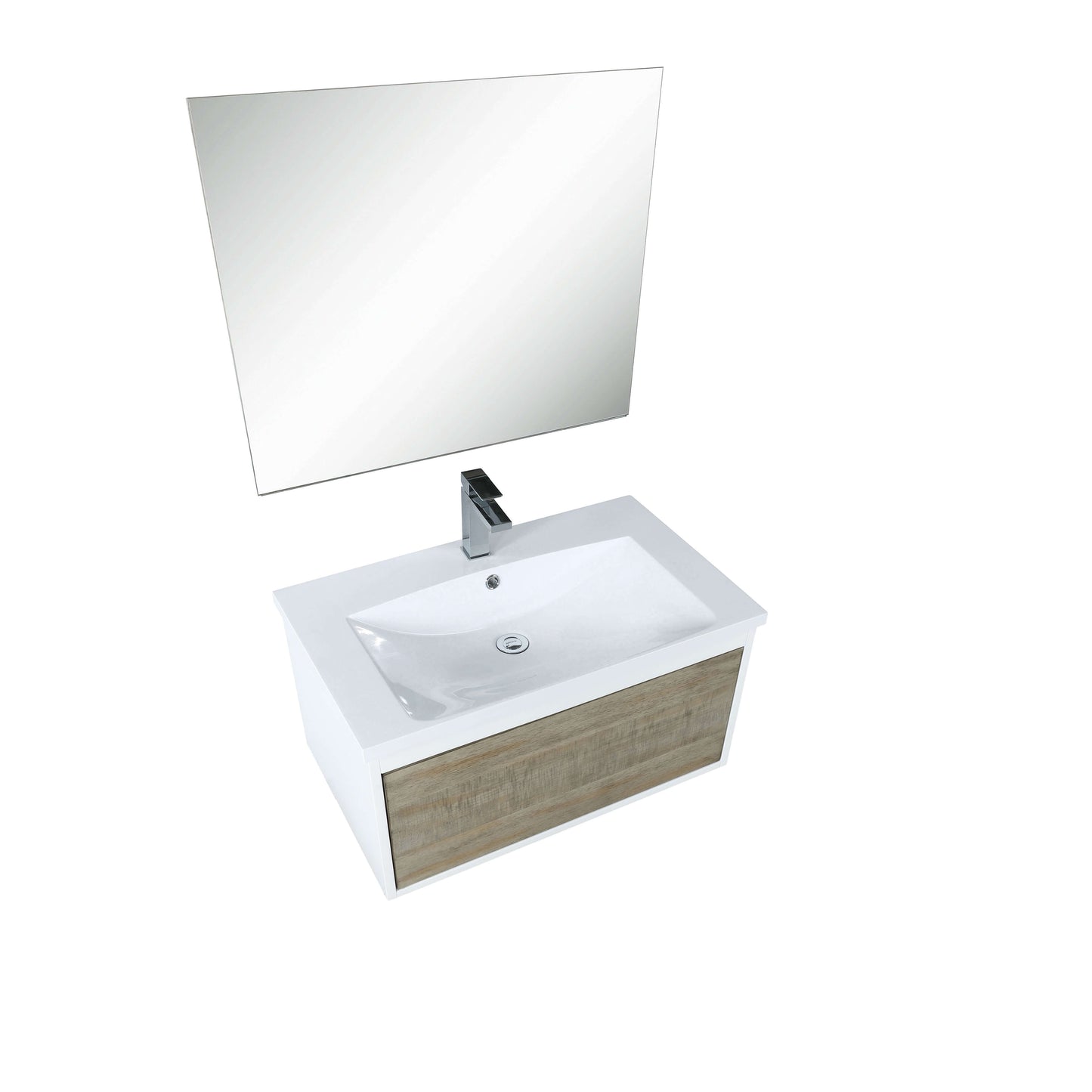 Scopi 30" Rustic Acacia Bathroom Single Vanity, Acrylic Composite Top with Integrated Sink, Labaro Brushed Nickel Faucet Set, and 28" Frameless Mirror - LSC30SRAOSM28FBN