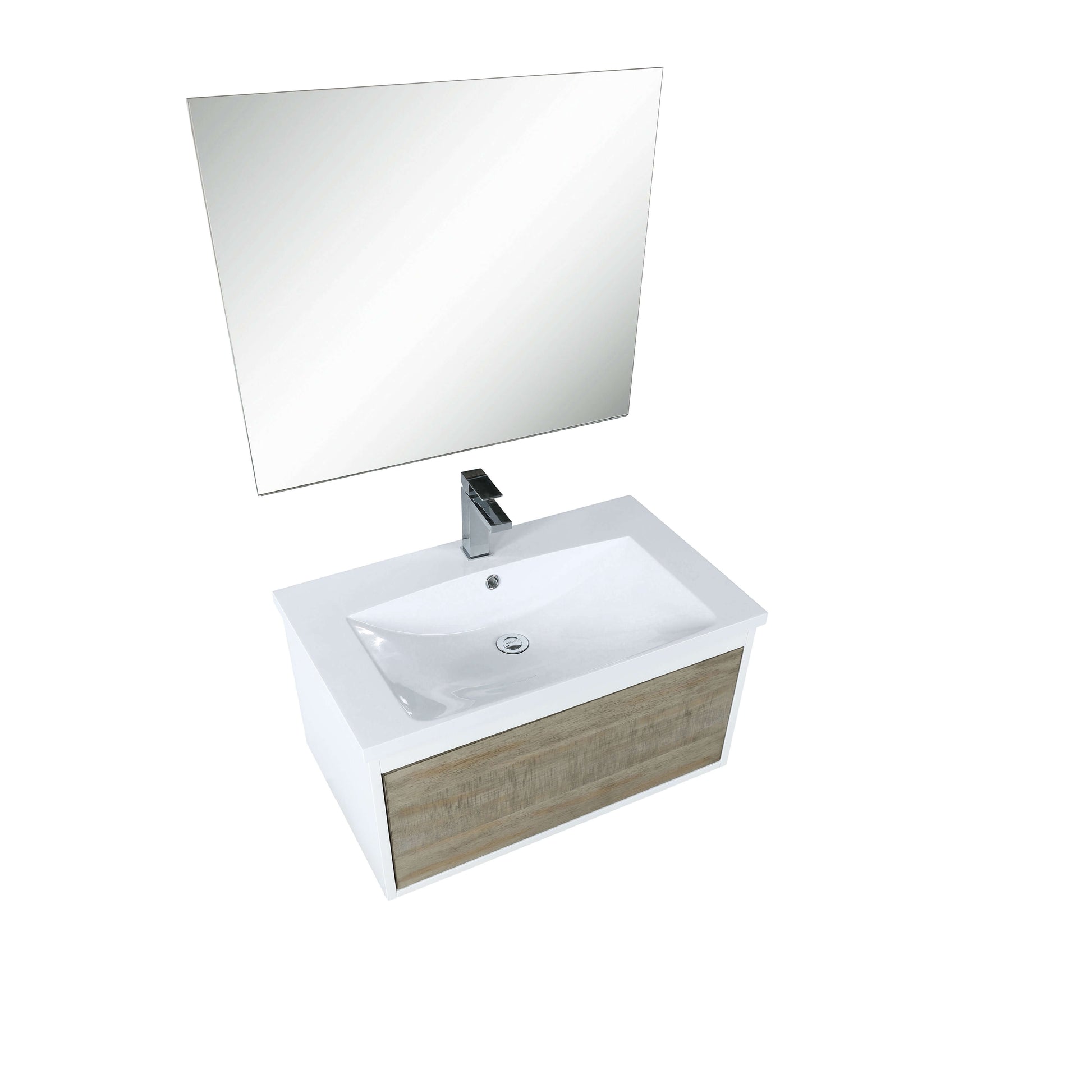 Scopi 30" Rustic Acacia Bathroom Single Vanity, Acrylic Composite Top with Integrated Sink, Labaro Brushed Nickel Faucet Set, and 28" Frameless Mirror - LSC30SRAOSM28FBN