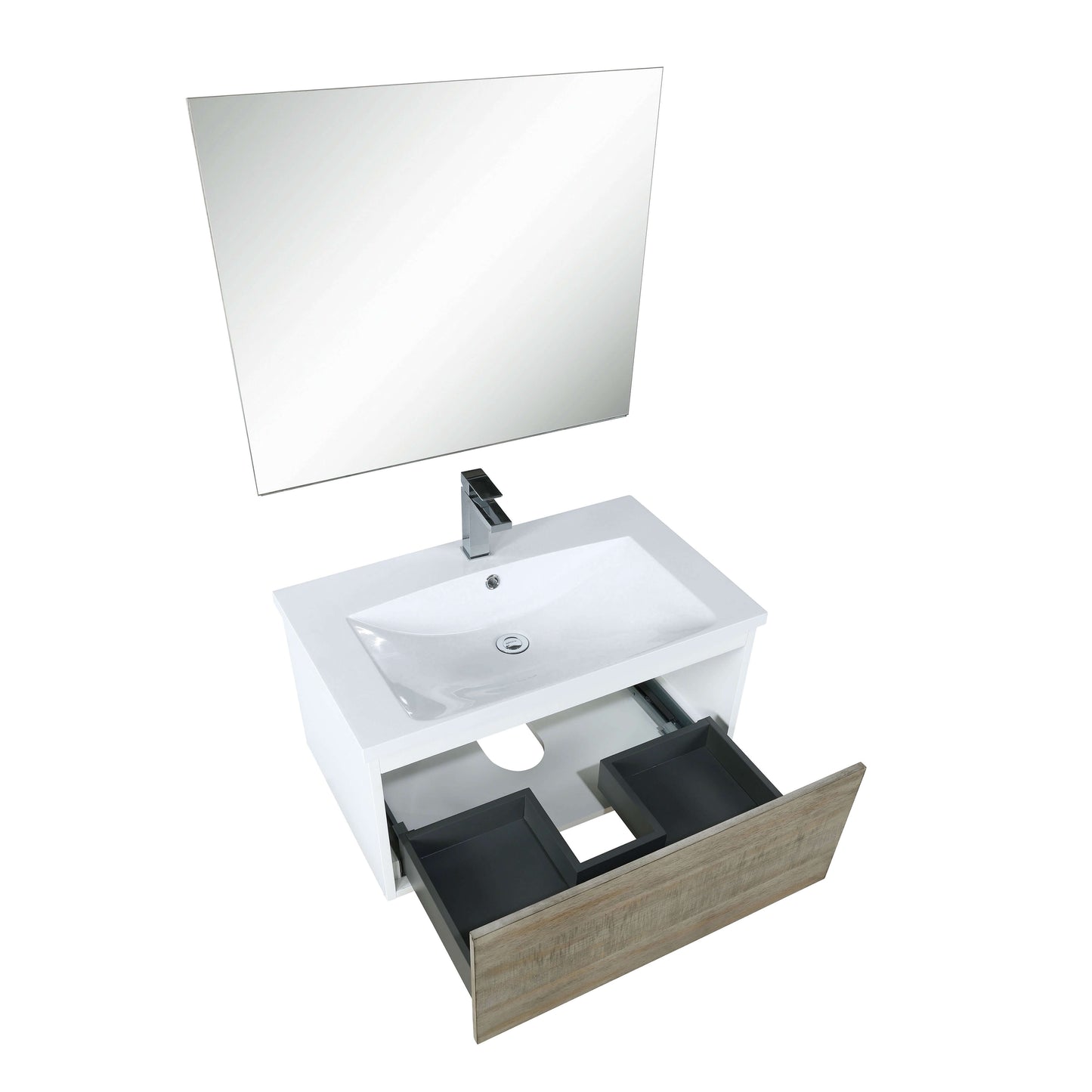 Scopi 30" Rustic Acacia Bathroom Single Vanity, Acrylic Composite Top with Integrated Sink, Labaro Brushed Nickel Faucet Set, and 28" Frameless Mirror - LSC30SRAOSM28FBN