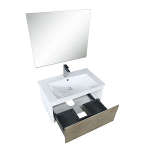 Scopi 30" Rustic Acacia Bathroom Single Vanity, Acrylic Composite Top with Integrated Sink, Labaro Brushed Nickel Faucet Set, and 28" Frameless Mirror - LSC30SRAOSM28FBN
