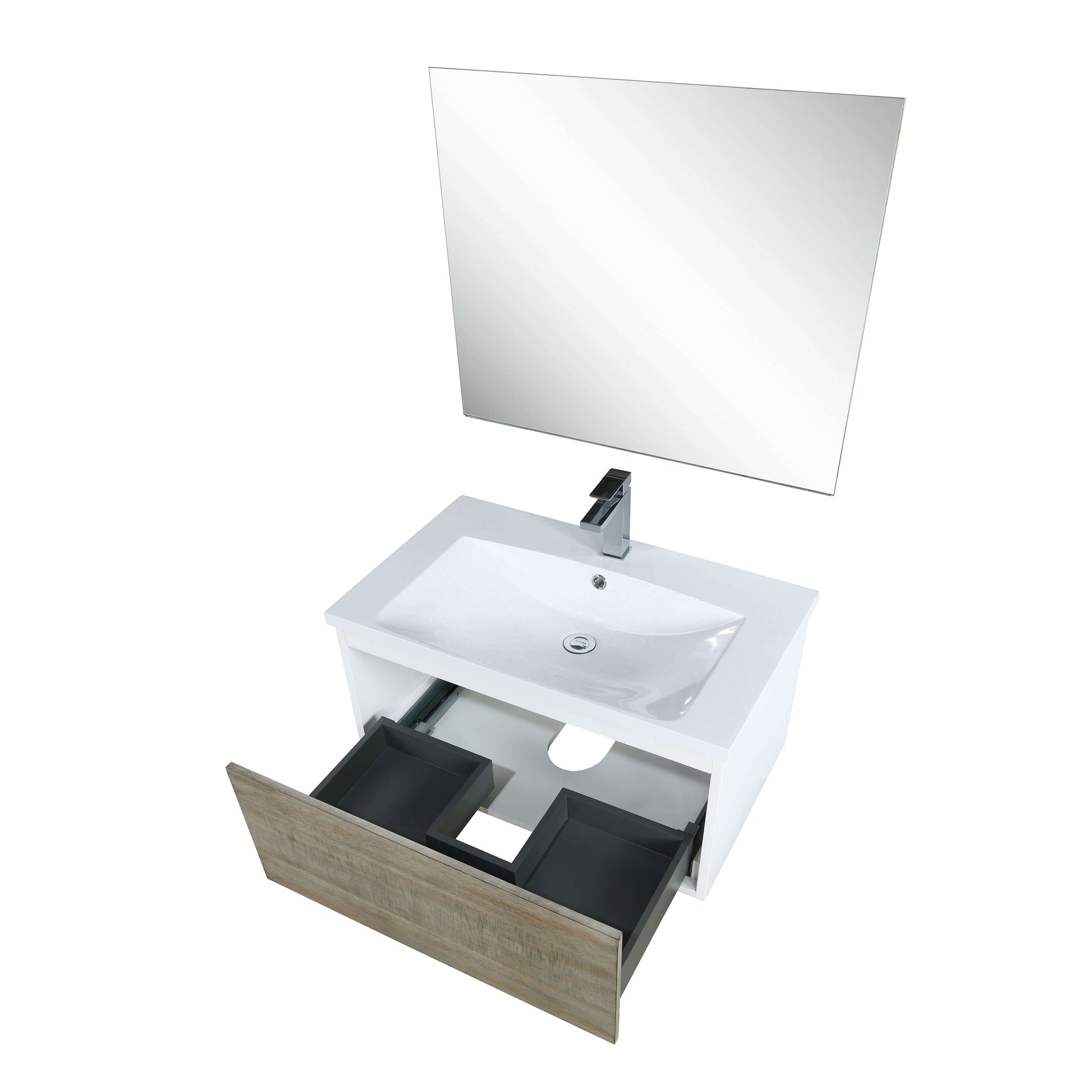 Scopi 30" Rustic Acacia Bathroom Single Vanity, Acrylic Composite Top with Integrated Sink, Labaro Brushed Nickel Faucet Set, and 28" Frameless Mirror - LSC30SRAOSM28FBN