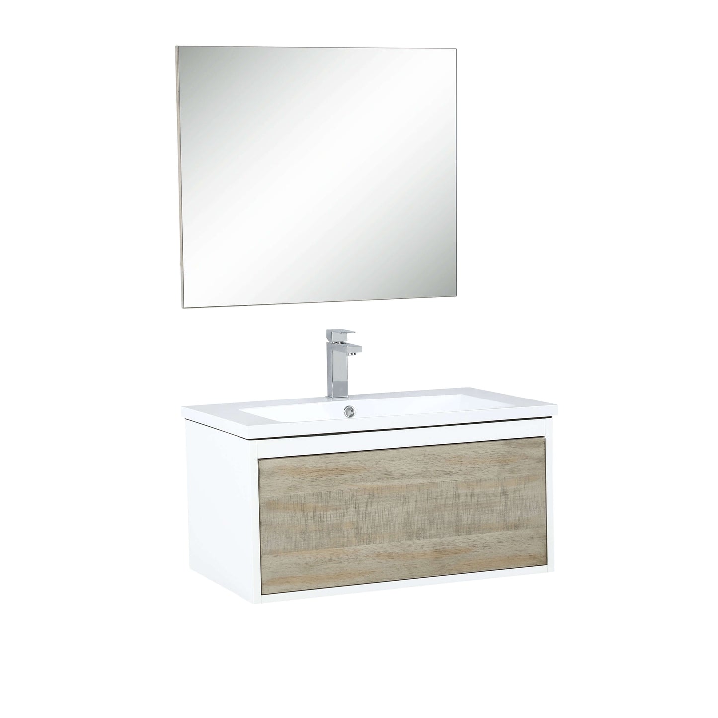 Scopi 30" Rustic Acacia Bathroom Single Vanity, Acrylic Composite Top with Integrated Sink, Labaro Brushed Nickel Faucet Set, and 28" Frameless Mirror - LSC30SRAOSM28FBN