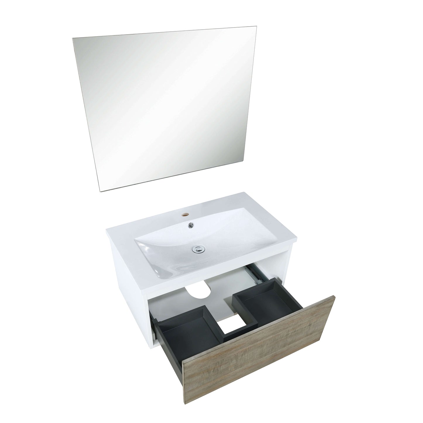 Scopi 30" Rustic Acacia Bathroom Single Vanity, Acrylic Composite Top with Integrated Sink, and 28" Frameless Mirror - LSC30SRAOSM28