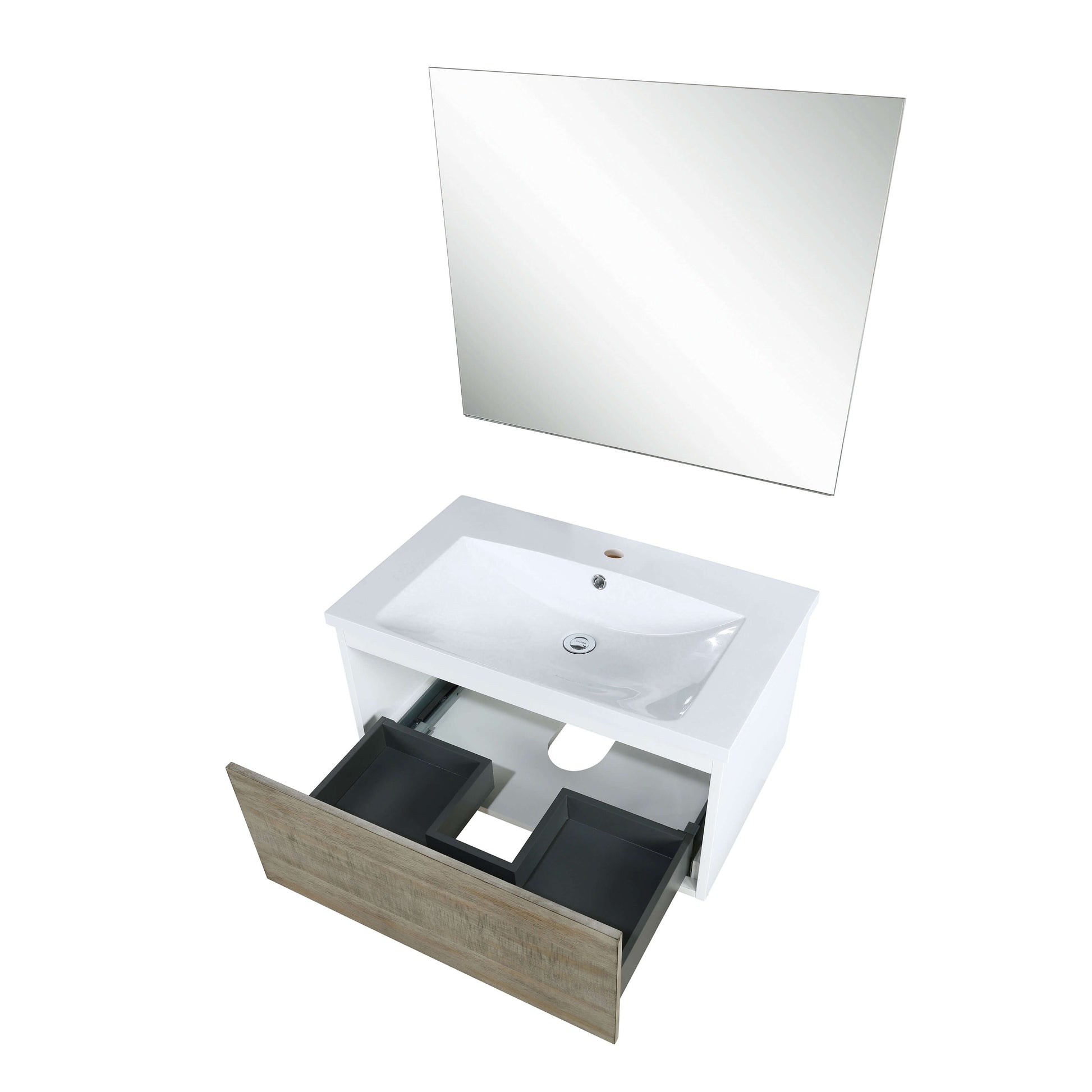 Scopi 30" Rustic Acacia Bathroom Single Vanity, Acrylic Composite Top with Integrated Sink, and 28" Frameless Mirror - LSC30SRAOSM28