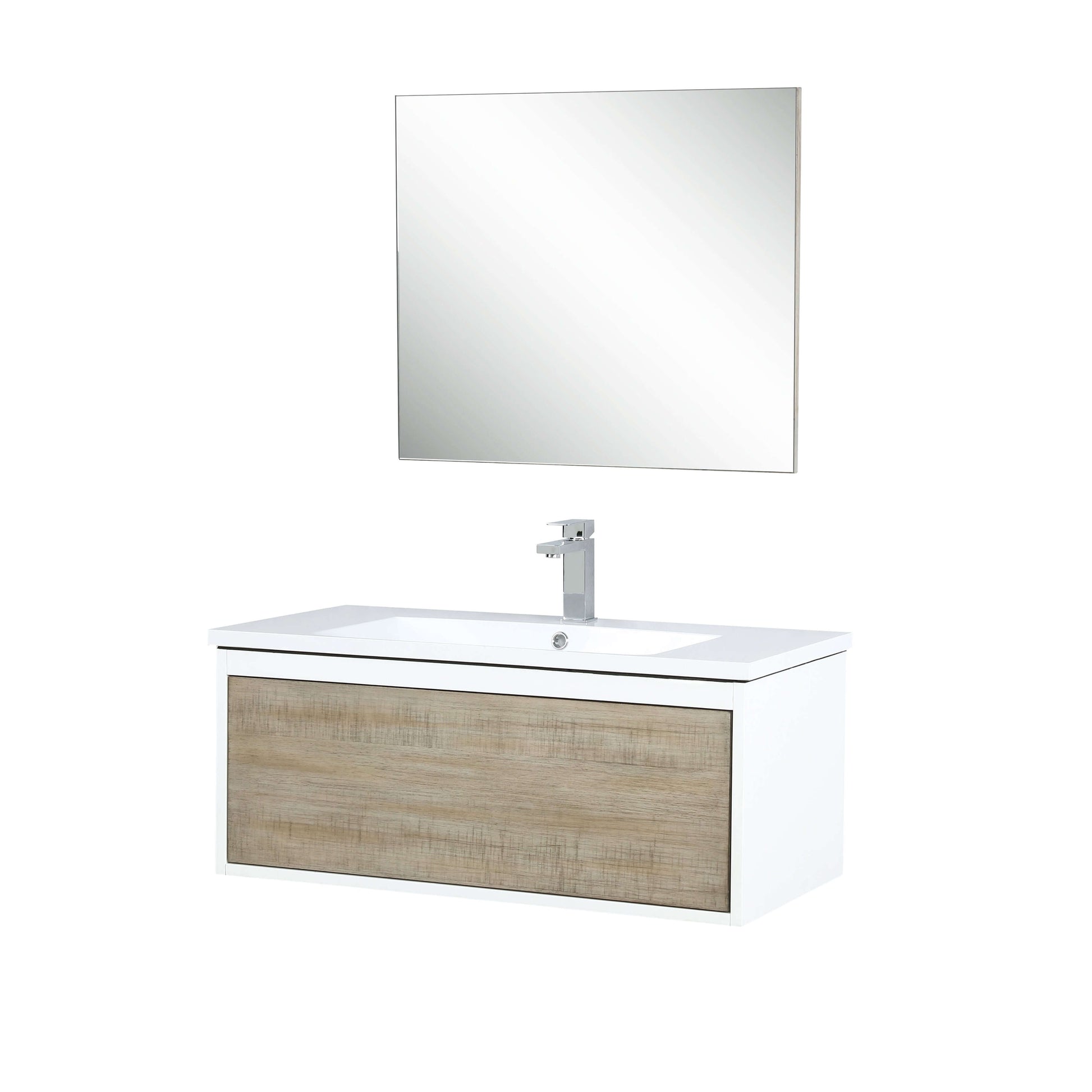 Scopi 36" Rustic Acacia Bathroom Single Vanity, Acrylic Composite Top with Integrated Sink, Labaro Brushed Nickel Faucet Set, and 28" Frameless Mirror - LSC36SRAOSM28FBN