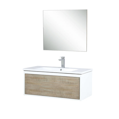 Scopi 36" Rustic Acacia Bathroom Single Vanity, Acrylic Composite Top with Integrated Sink, Labaro Brushed Nickel Faucet Set, and 28" Frameless Mirror - LSC36SRAOSM28FBN