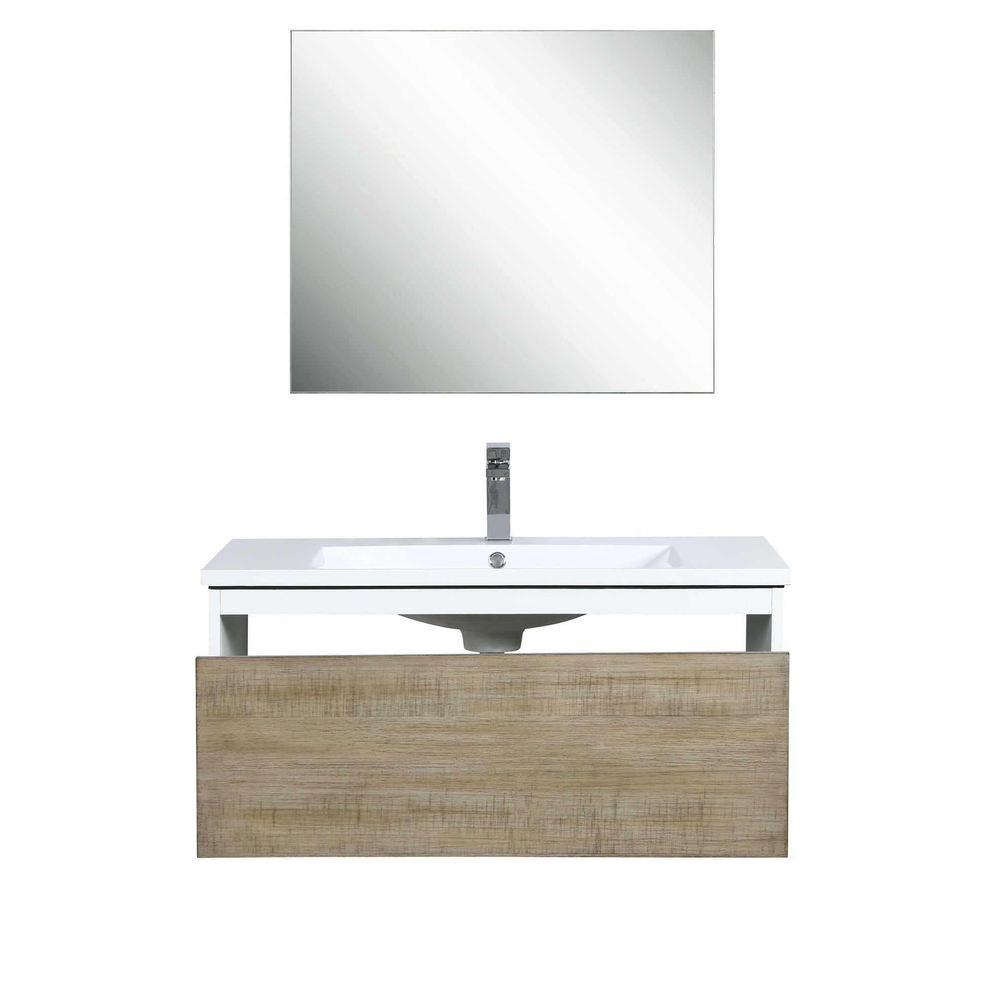 Scopi 36" Rustic Acacia Bathroom Single Vanity, Acrylic Composite Top with Integrated Sink, Labaro Brushed Nickel Faucet Set, and 28" Frameless Mirror - LSC36SRAOSM28FBN