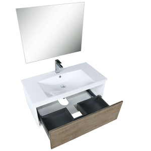 Scopi 36" Rustic Acacia Bathroom Single Vanity, Acrylic Composite Top with Integrated Sink, Labaro Brushed Nickel Faucet Set, and 28" Frameless Mirror - LSC36SRAOSM28FBN