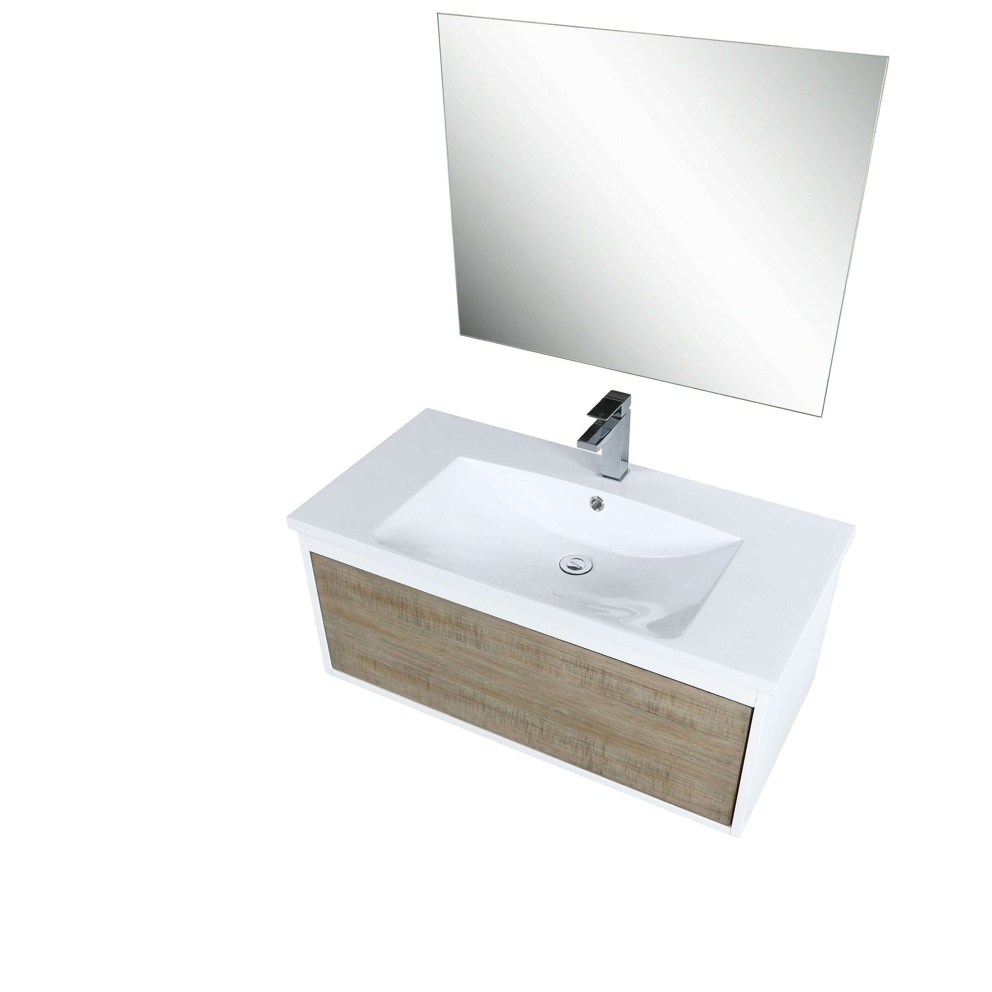 Scopi 36" Rustic Acacia Bathroom Single Vanity, Acrylic Composite Top with Integrated Sink, Labaro Brushed Nickel Faucet Set, and 28" Frameless Mirror - LSC36SRAOSM28FBN